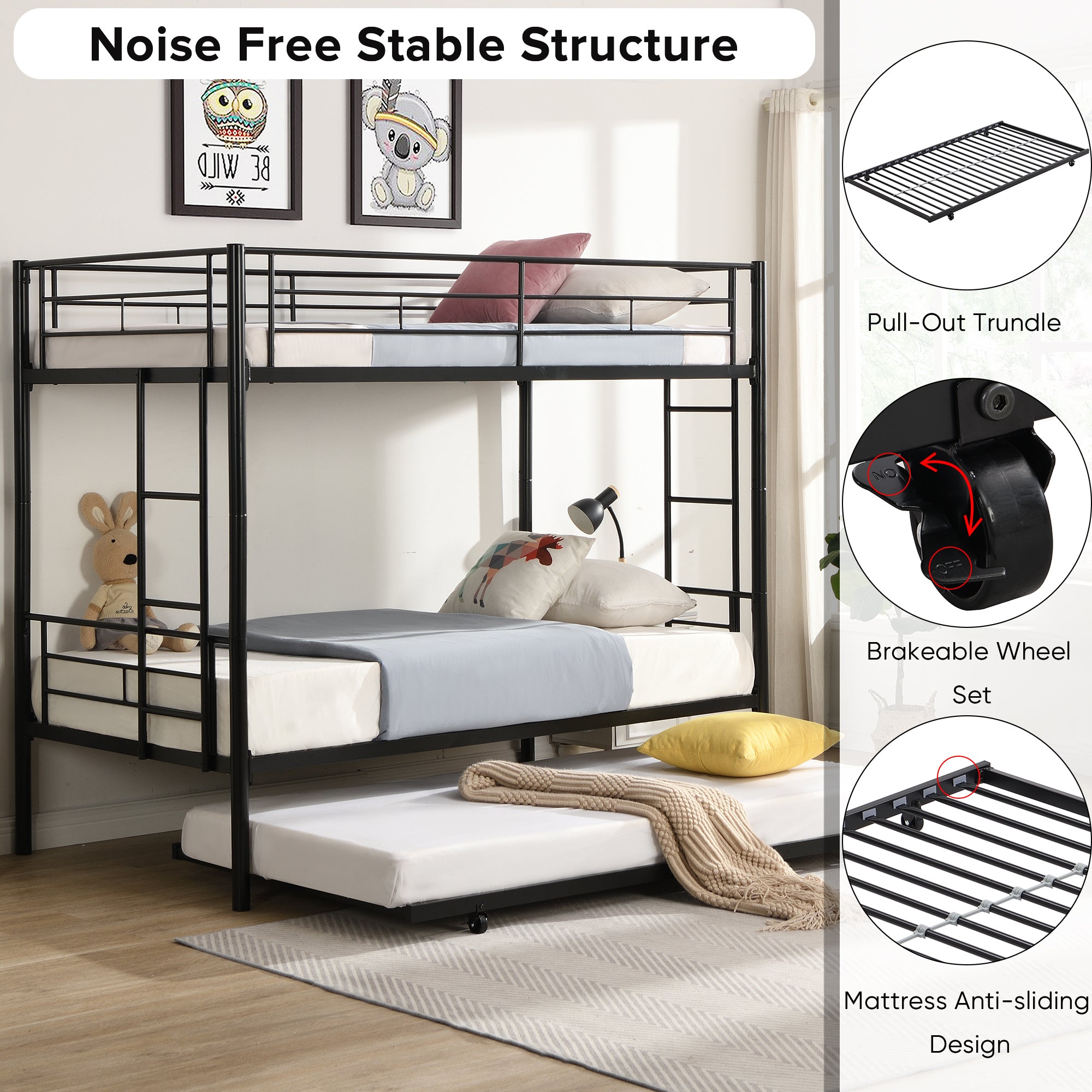 HAOYYE Over Twin Bunk Bed Frame with Trundle,Metal Bunkbed with Sturdy Guard Rail and 2 sideLadders for /Adults,Can be Divided Into Two Beds, No Box Spring Needed, Noise Free for Dorm,Black Space-Saving