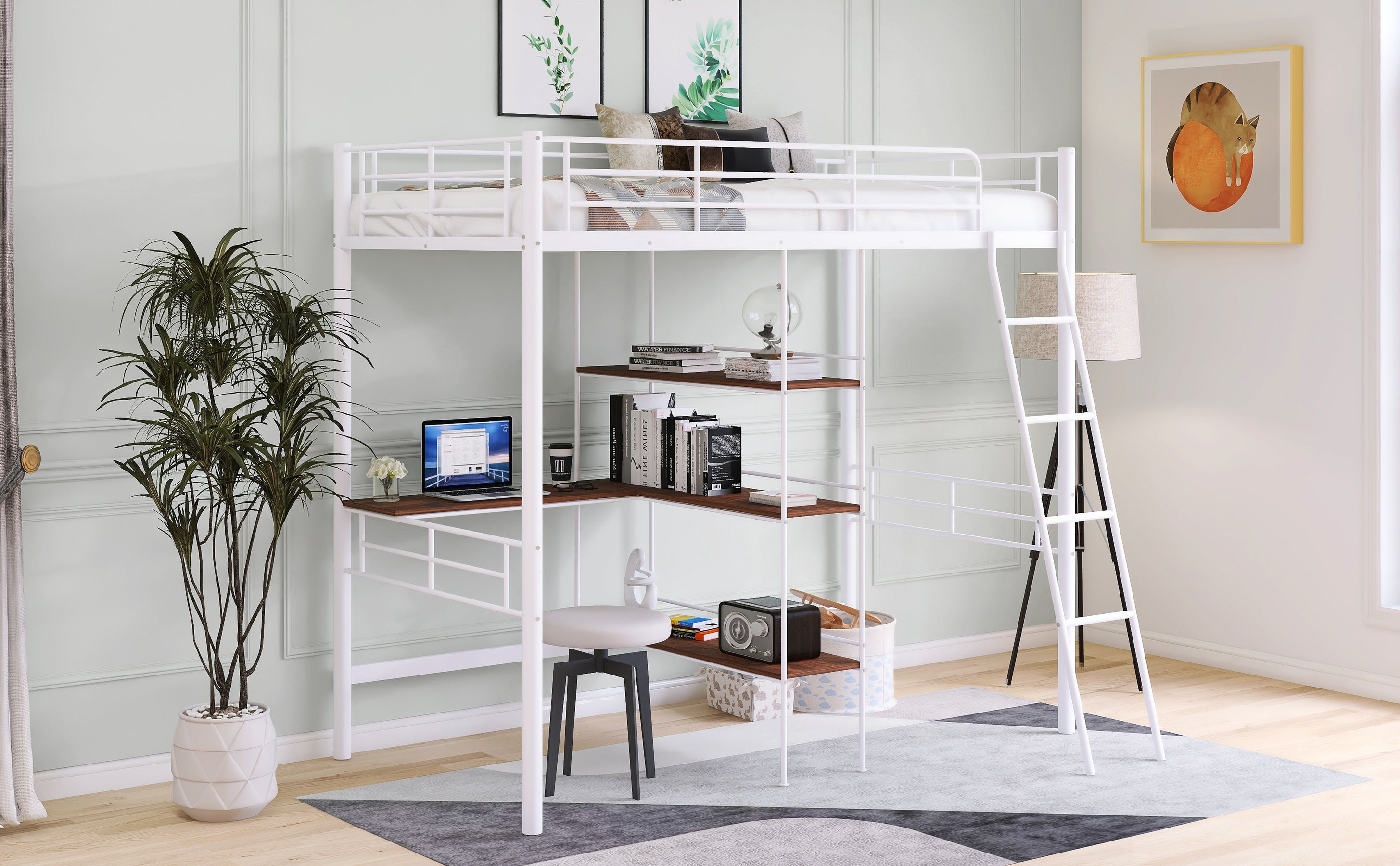 HAOYYE Twin Size Metal Loft Bed and Built-in Desk and Shelves,White Sturdy Space-Saving Heavy Duty Modern Design Adults Dorm Room Easy Assembly Bedroom Furniture