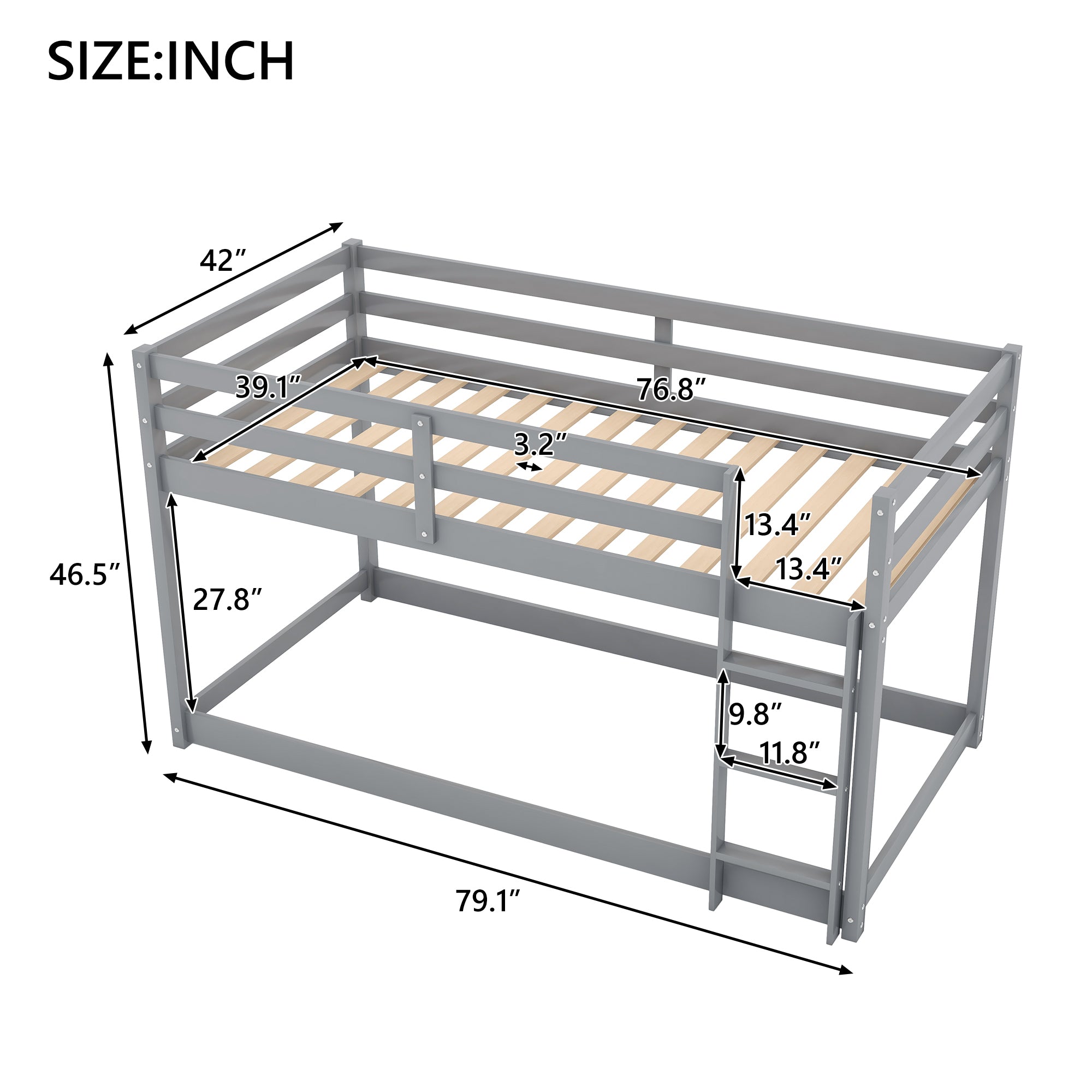 HAOYYE Twin over Twin Floor Bunk Bed with Ladder , Gray(Old SKU:WF281727AAE/WF286602AAE) Sturdy Space-Saving Heavy Duty Modern Design Easy Assembly Durable Stylish Home Furniture Versatile