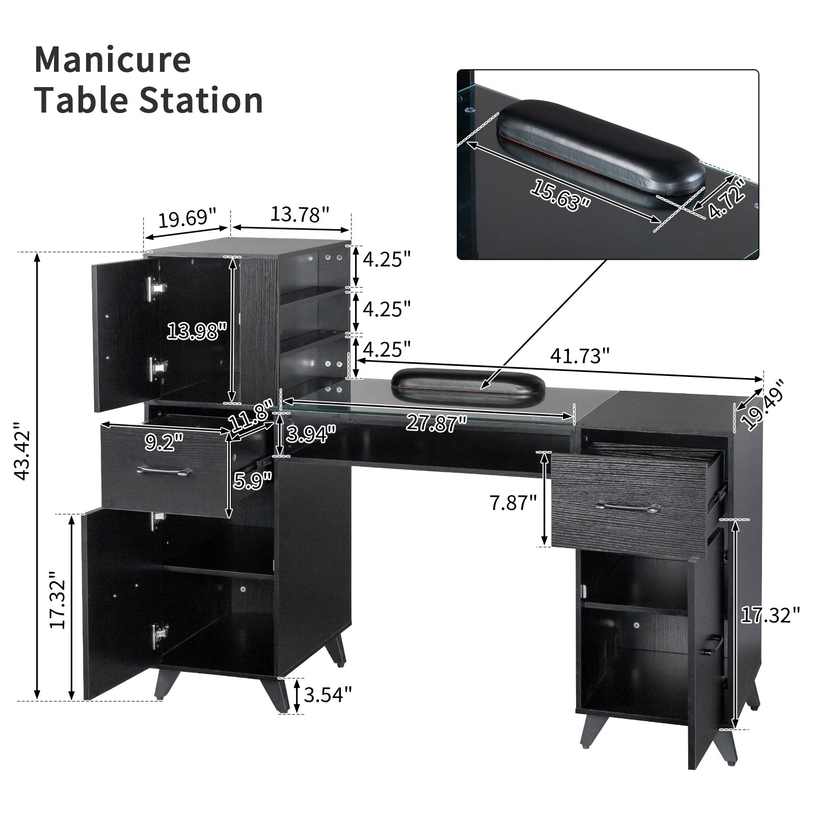 HAOYYE Black Nail Table with Tempered Glass Top and Relief Particle Board Finish, Three Doors and Two Drawers, Fanless Design for Salon Manicure Station or Home Beauty Workspace
