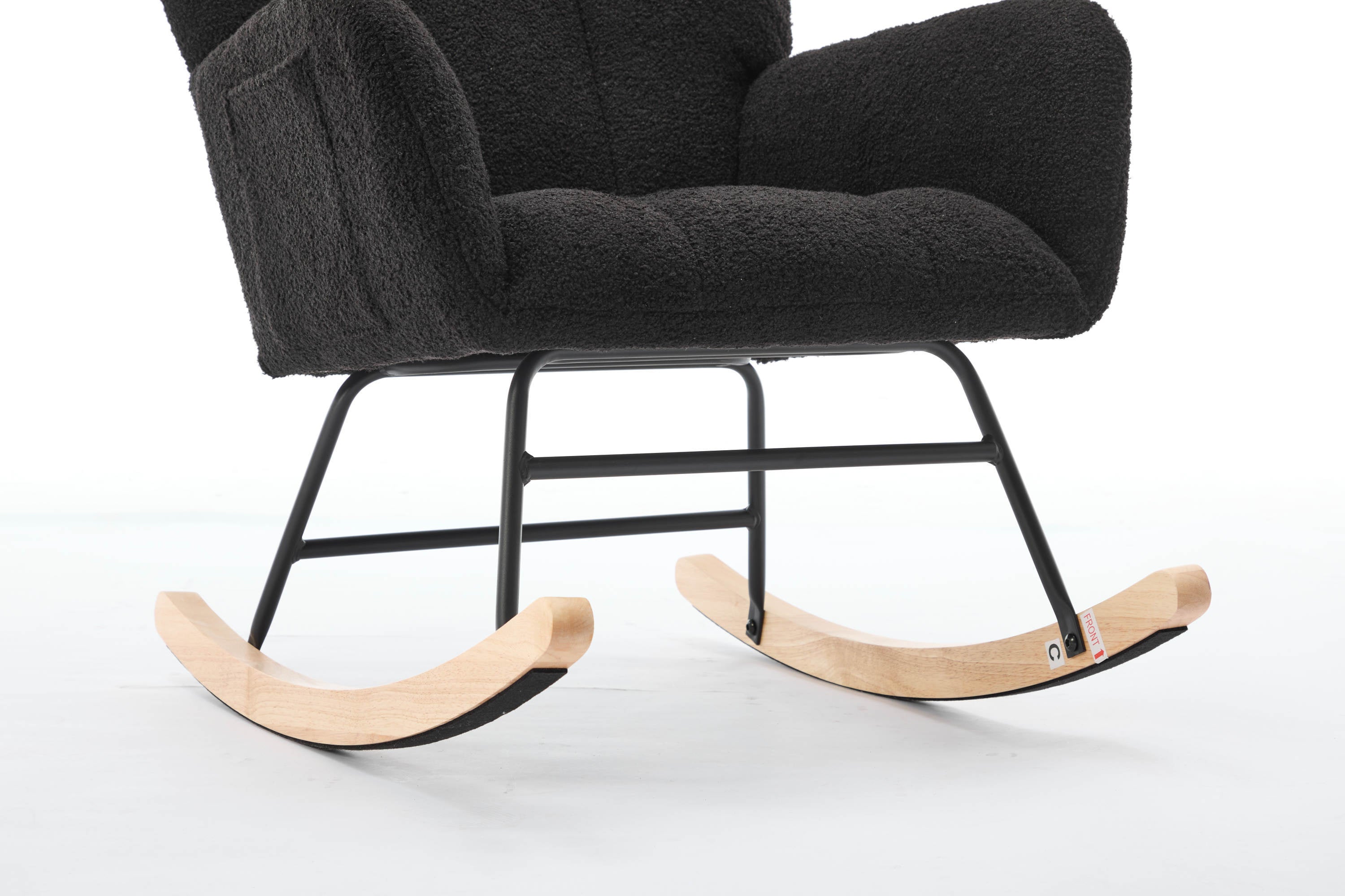 Haoyye Black Modern Nursery Rocking Chair with High Backrest, Soft Teddy Upholstered Glider Accent Armchair with Solid Wood Legs, Gentle Rocker for Bedroom, Living Room, or Nursery, Sturdy and Space-Saving Design for Adults