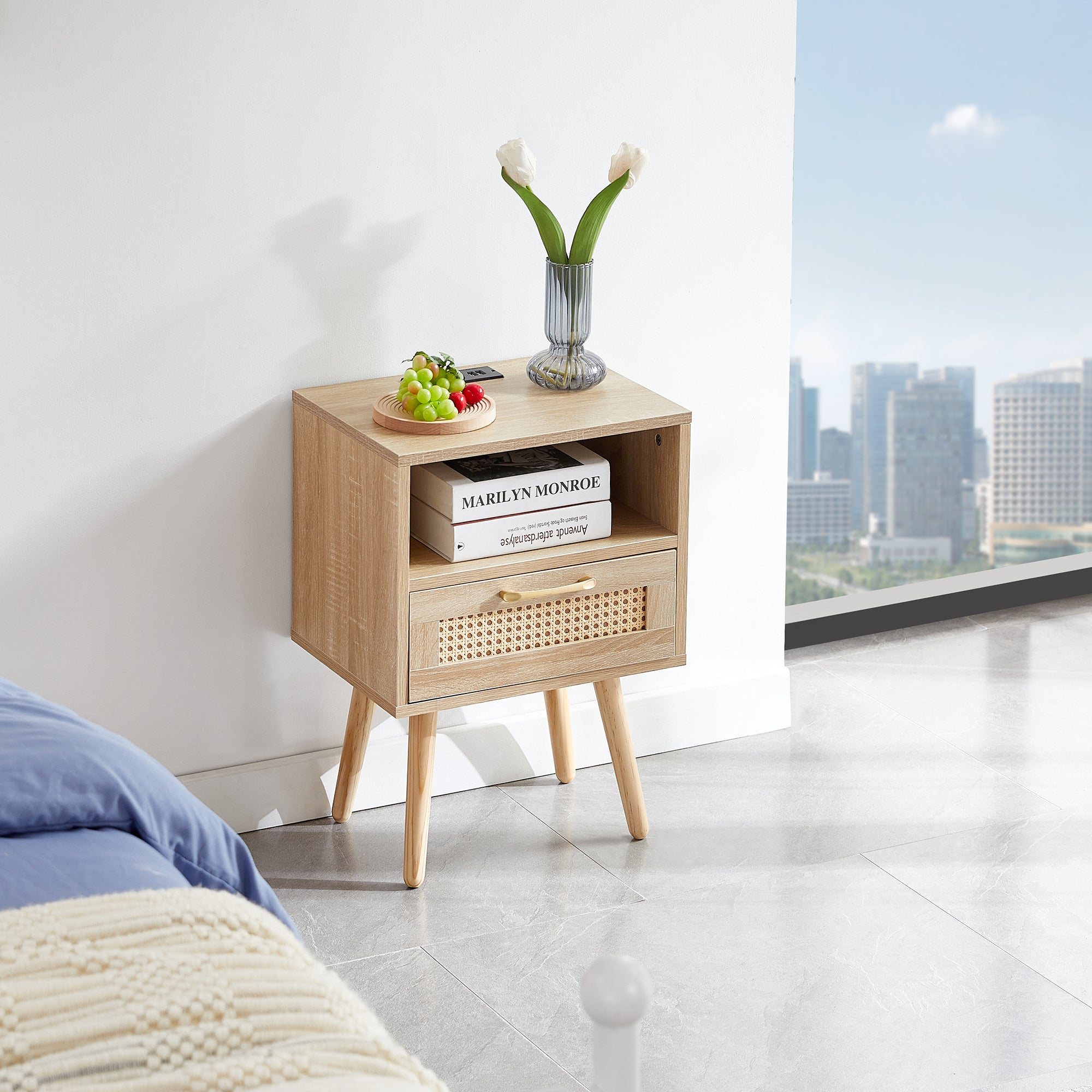 HAOYYE Rattan End Table with Power Outlet & USB Ports, Modern Nightstand with Drawer and Solid Wood Legs, Natural, Sturdy Space-Saving Design, Heavy Duty Construction, Stylish and Durable Home Furniture for Living Room or Bedroom