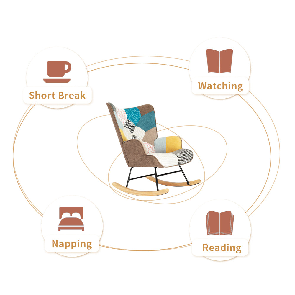 Haoyye Mid-Century Modern Rocking Chair with Patchwork Linen Upholstery, Fabric Accent Rocker with Wood Legs and High Backrest, Comfortable Retro Armchair for Living Room, Bedroom or Lounge, Sturdy Space-Saving Easy Assembly Design