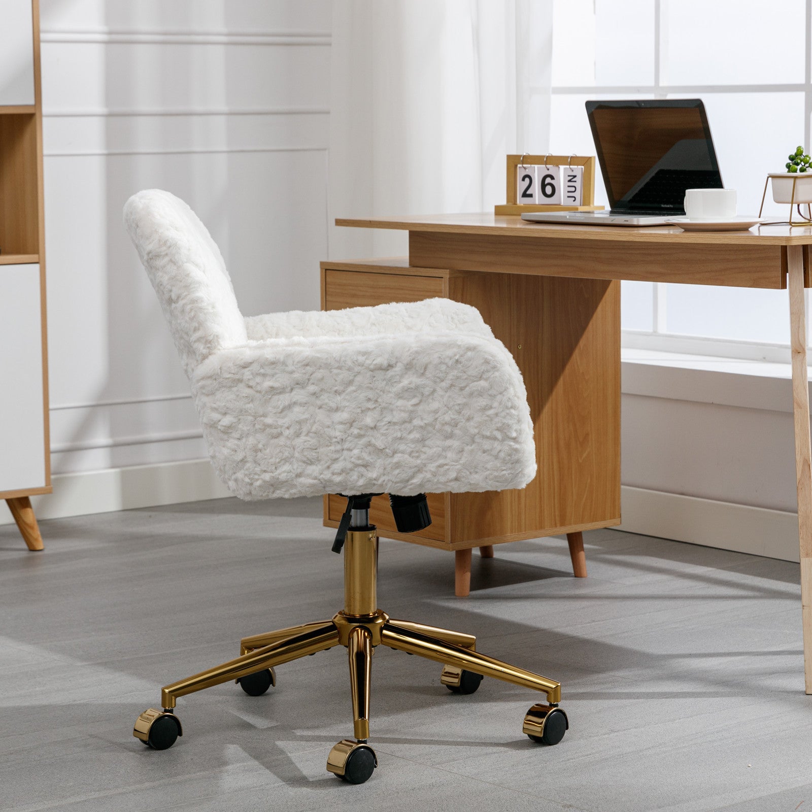 HAOYYE Artificial Rabbit Hair Home Office Chair With Golden Metal Base, Adjustable Swivel Desk Chair, Modern Beige Vanity Chair, Sturdy Space-Saving Heavy Duty Design