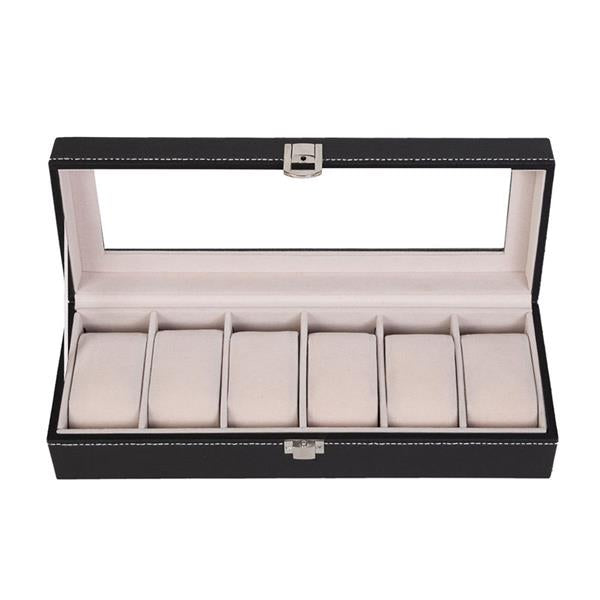 HAOYYE 6-Compartment Luxury Leather Watch Box - High-Grade Black Leather Watch Organizer with Soft Plush Lining, Sleek and Compact Design, Premium Quality Decorative Display Case for Men’s and Women’s Watches, Perfect for Home or Travel Storage