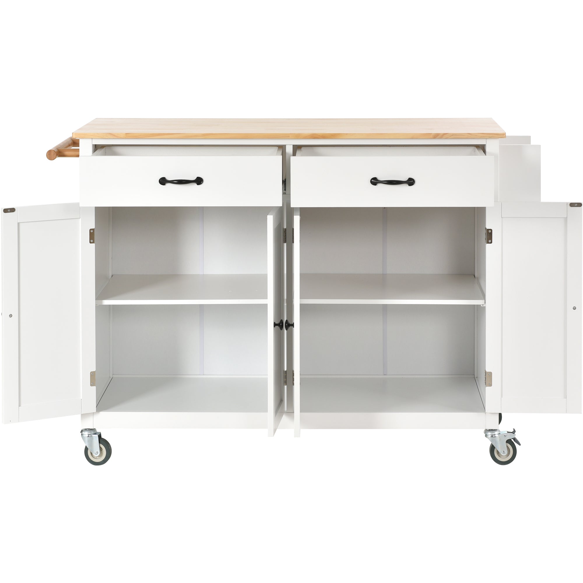 HAOYYE Kitchen Island Cart with Solid Wood Top, Locking Wheels, Four Door Cabinet, Two Drawers, Spice Rack, and Towel Rack, White, Sturdy Space-Saving Design, Heavy Duty Construction, Easy Assembly, Durable and Stylish Home Furniture