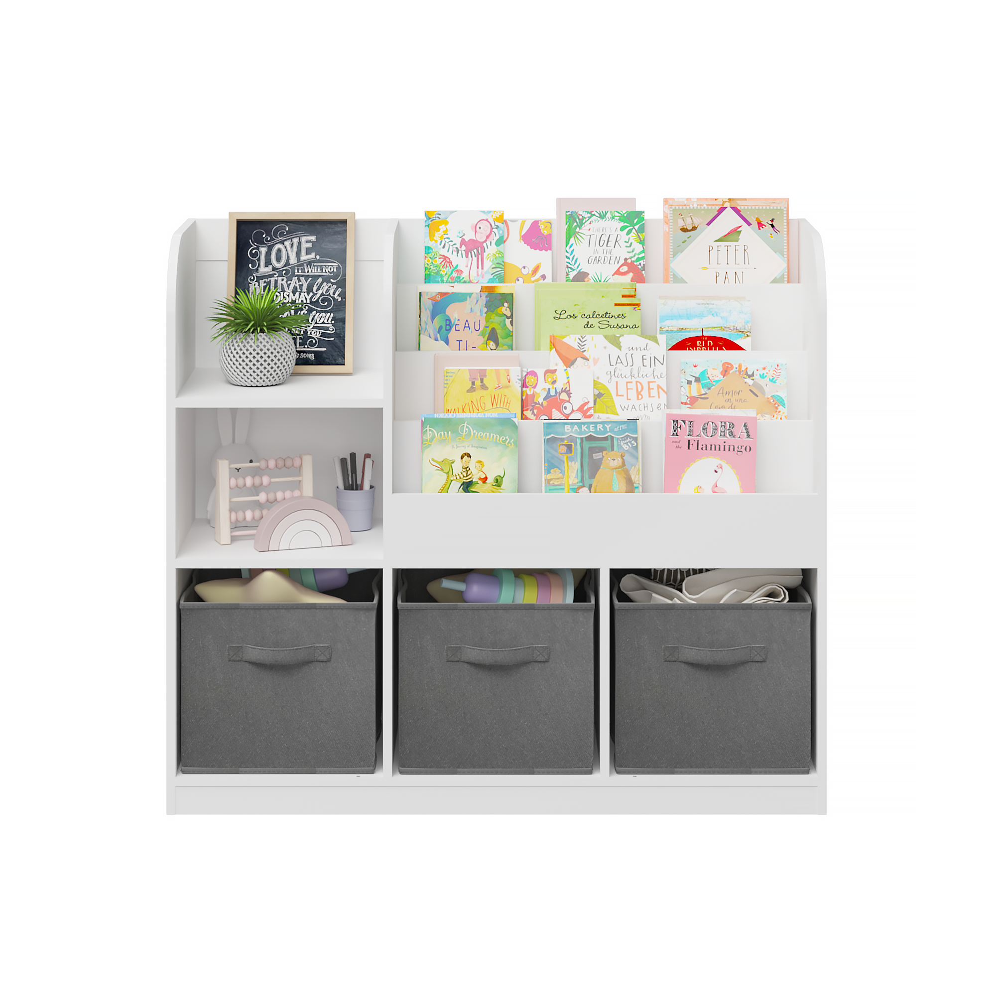 HAOYYE Bookcase and Bookshelf, Multifunctional Display Stand With 3 Collapsible Fabric Drawers, Toy Storage Organizer for Bedroom, Playroom, or Hallway, White/Gray, Sturdy Space-Saving Design