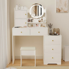 HAOYYE Fashion Vanity Desk with Mirror and Lights for Makeup and Cushioned Chair, Vanity Mirror with Lights and Table Set with 3 Color Lighting Brightness Adjustable,Dressing table, White Color Sturdy