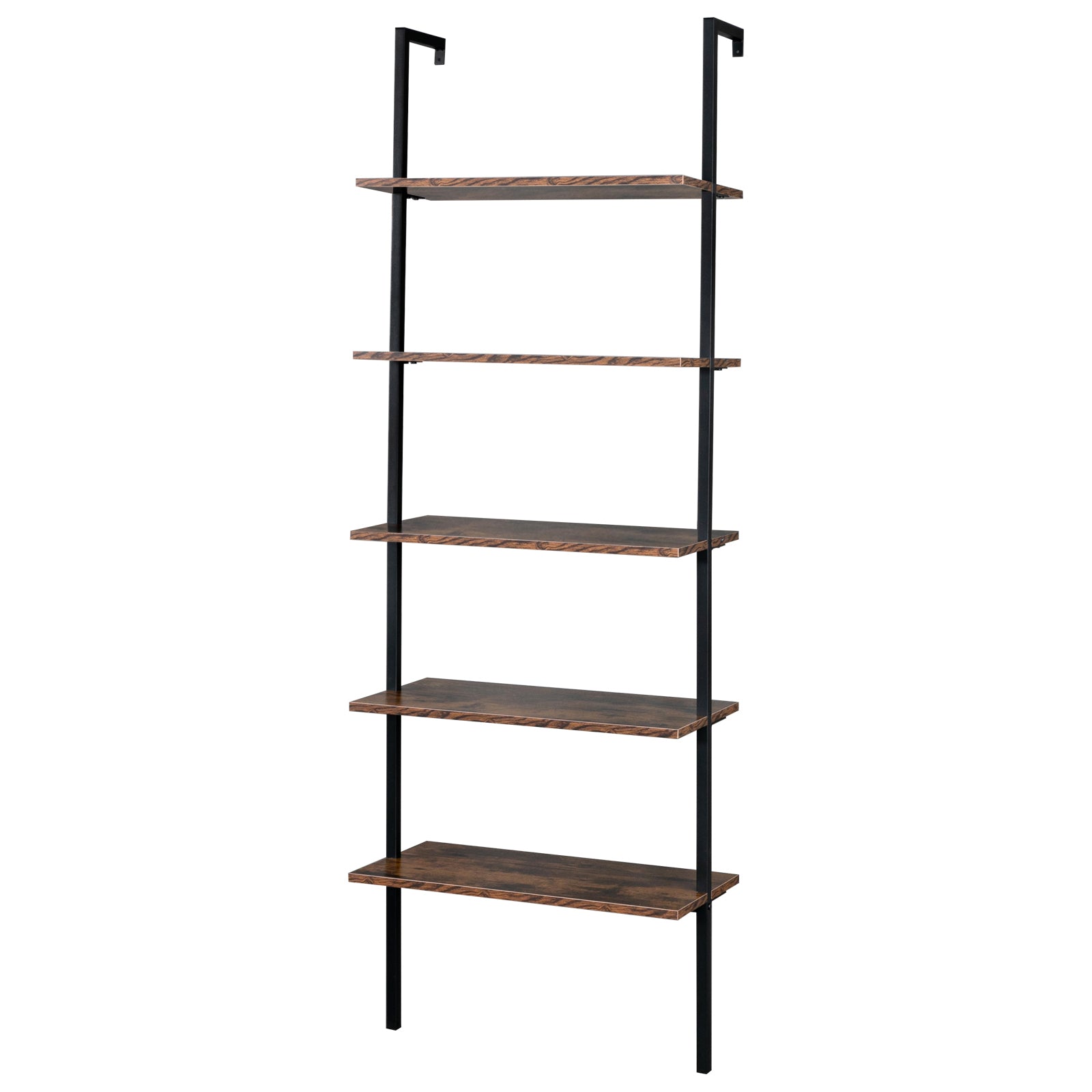 HAOYYE 5-Tier Industrial Wall Mounted Ladder Bookcase – Rustic Brown Wood Finish With Black Metal Frame, Open Display Shelf For Books, Home Décor, Plants, Living Room Storage, Office Display, Durable & Space-Saving Industrial Design
