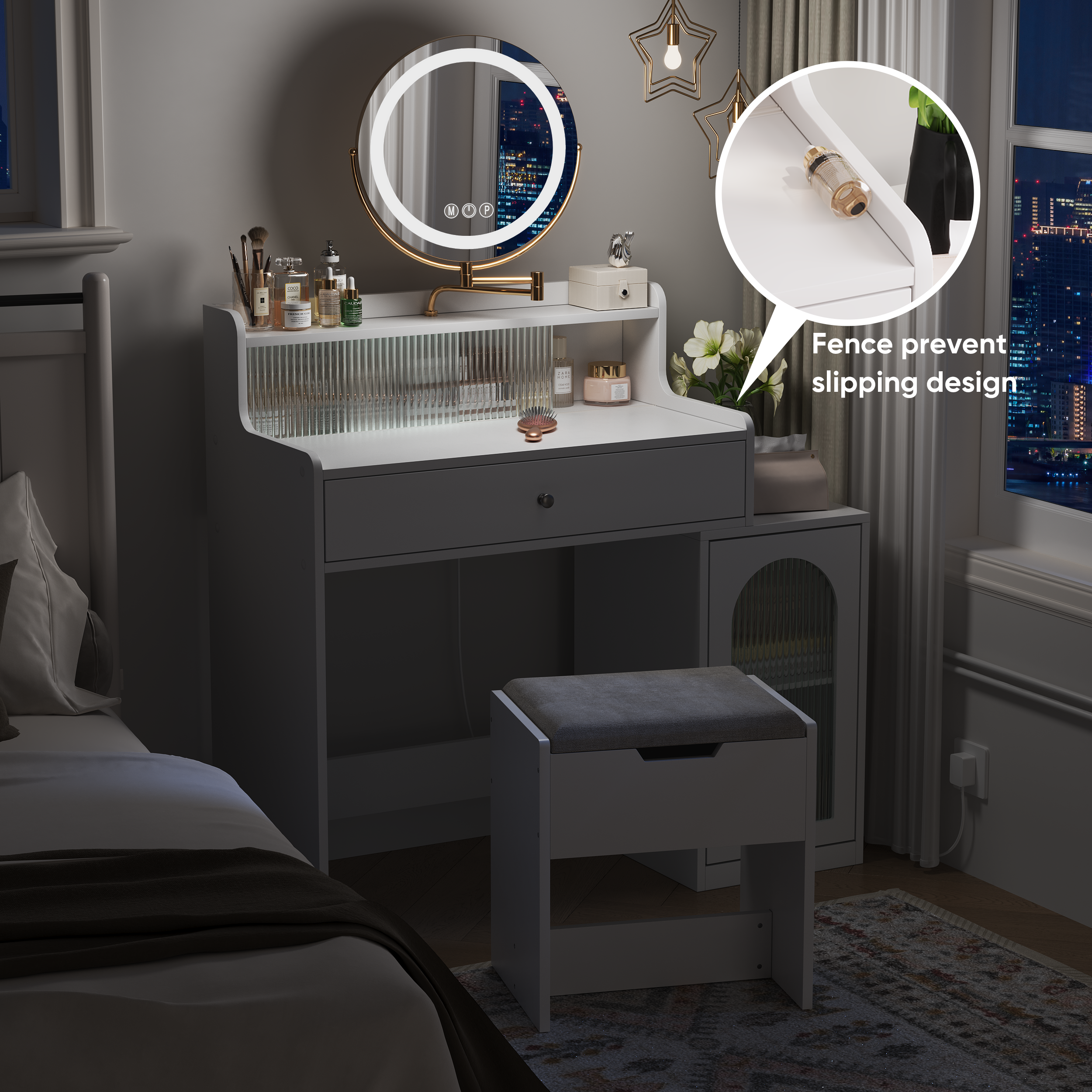 HAOYYE White Vanity Desk with 360° Rotated Mirror and Adjustable Lights, Girls Makeup Vanity Table with Storage Drawer, Side Cabinet with Waveform Glass Doors, Stylish Dressing Table with Chair for Bedroom, Elegant Storage Solution for Beauty Essentials.
