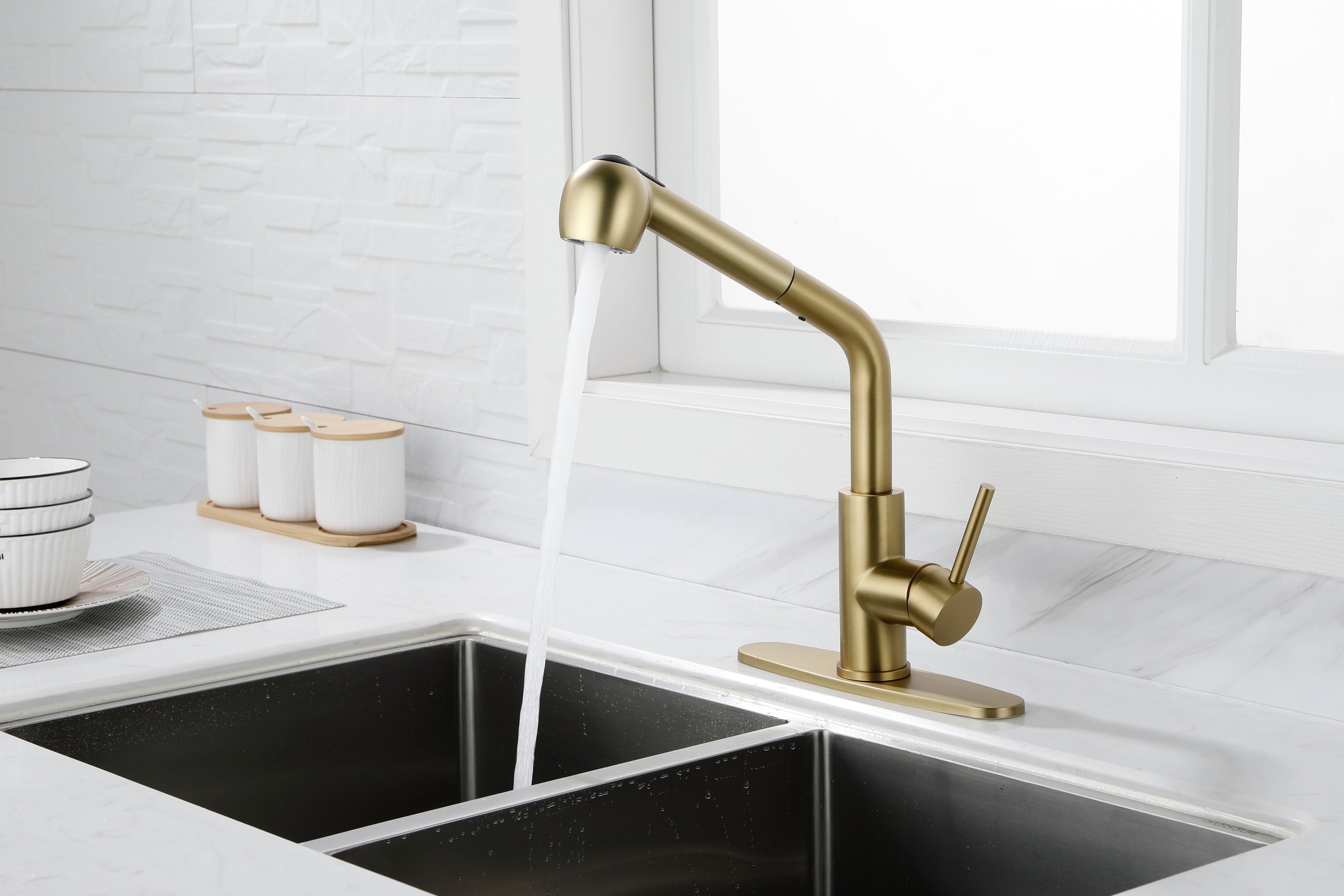 Haoyye Single-Handle Pull-Out Utility Sink Faucet, Stainless Steel High Arc Faucet with Dual Spray Function and 360° Swivel Spout, Easy DIY Installation, Spot-Resistant Finish, Modern Heavy Duty Design for Laundry Room, Kitchen, or Utility Sink