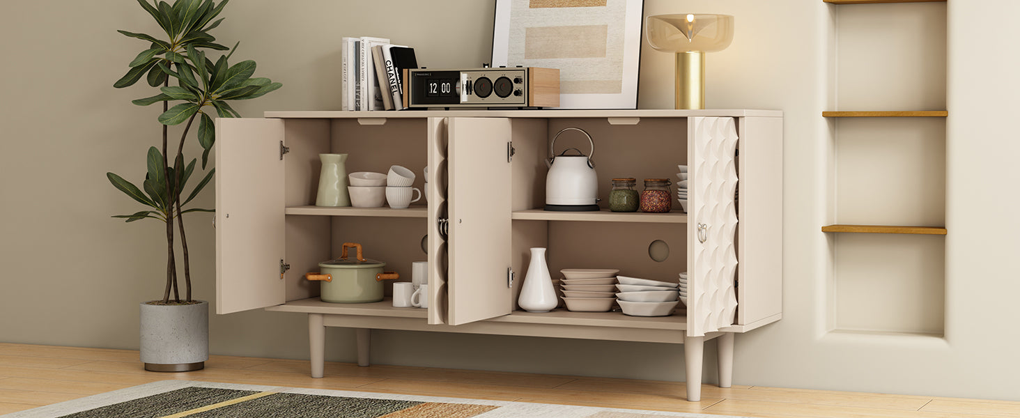 HAOYYE Modern 4-door Sideboard with Convex Pattern Doors and 2 Silver Handle for Living Room, Dining Room, Kitchen (Almond) Sturdy Space-Saving Heavy Duty Modern Design Easy Assembly Durable Stylish