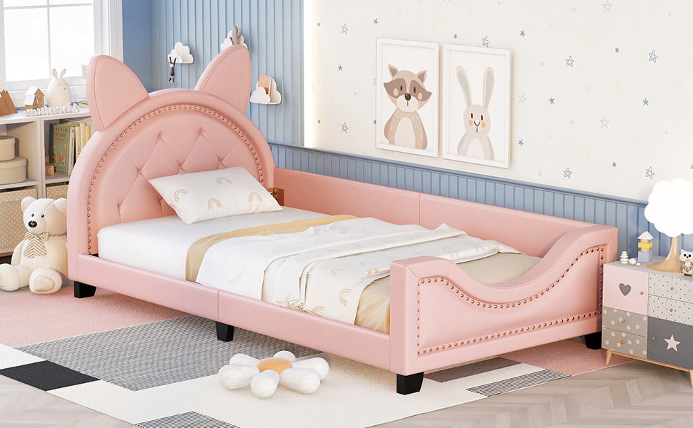HAOYYE Twin Size Upholstered Daybed with Carton Ears Shaped Headboard, Pink Sturdy Space-Saving Heavy Duty Modern Design Adults Dorm Room Easy Assembly Bedroom Furniture