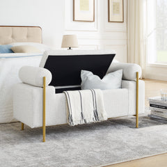 HAOYYE Elegant Upholstered Linen Storage Bench with Cylindrical Arms and Iron Legs for Hallway Living Room Bedroom, White Sturdy Space-Saving Heavy Duty Modern Design Adults Dorm Room Easy Assembly