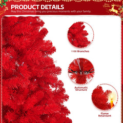 HAOYYE Red 7ft Artificial Christmas Tree, Unlit Hinged Pine Tree with 1100 Branch Tips, Sturdy Metal Stand, Easy Assembly Holiday Decoration for Home Living Room Office Party Seasonal Décor
