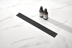 HAOYYE Linear Shower Drain with Removable Quadrato Pattern Grate, 304 Stainless Shower Drain Included Hair Strainer and Leveling Feet Sturdy Space-Saving Heavy Duty Modern Design Adults Dorm Room