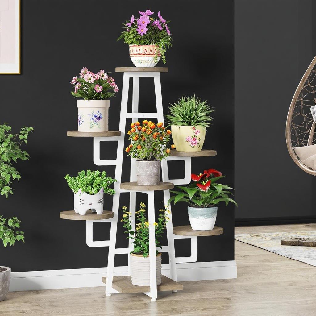 HAOYYE 7-Tier Industrial Plant Stand With Metal Frame And Wood Shelves Tall Corner Flower Display Rack For Indoor Outdoor Plants Multiple Succulents Decor 45lbs Per Shelf Capacity
