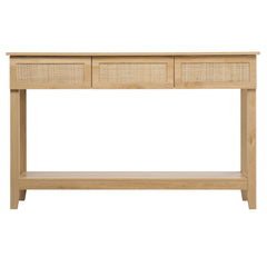 HAOYYE Natural Wood Boho Style Rattan Console Table with 3 Drawers and Open Storage Shelf, Narrow Entryway Sofa Table for Hallway Foyer Behind Couch, Rustic Farmhouse Accent Table