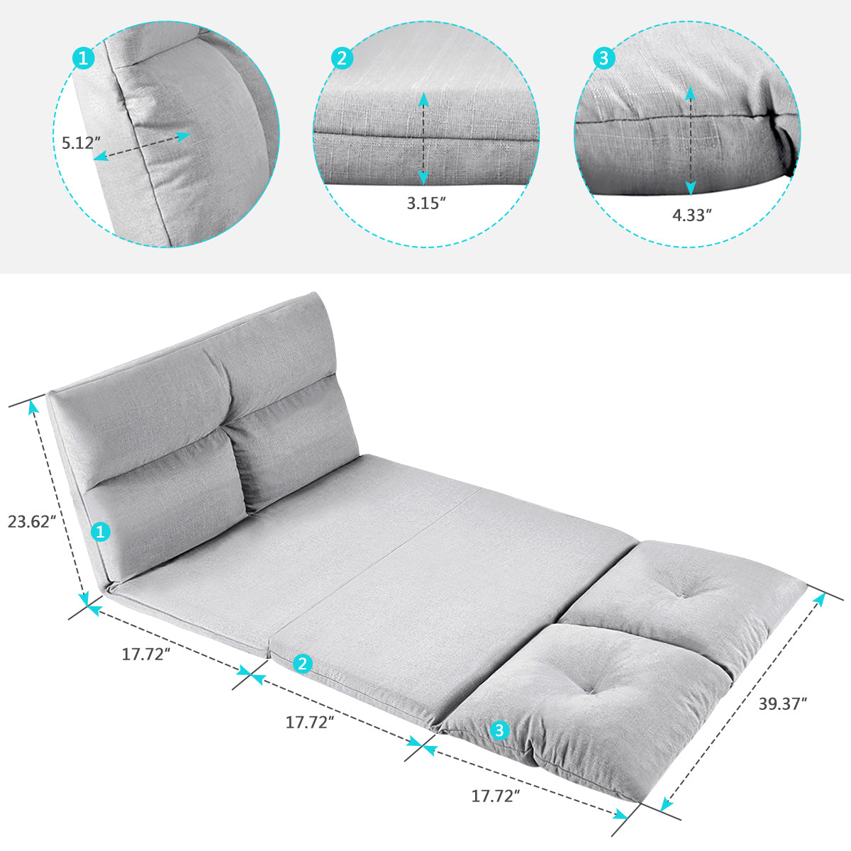 HAOYYE Fabric Folding Chaise Lounge Sofa Gray Comfortable Sturdy Durable Modern Design Space Saving Easy Assembly Stylish Versatile Home Furniture for Relaxing in Living Room, Bedroom, or Office
