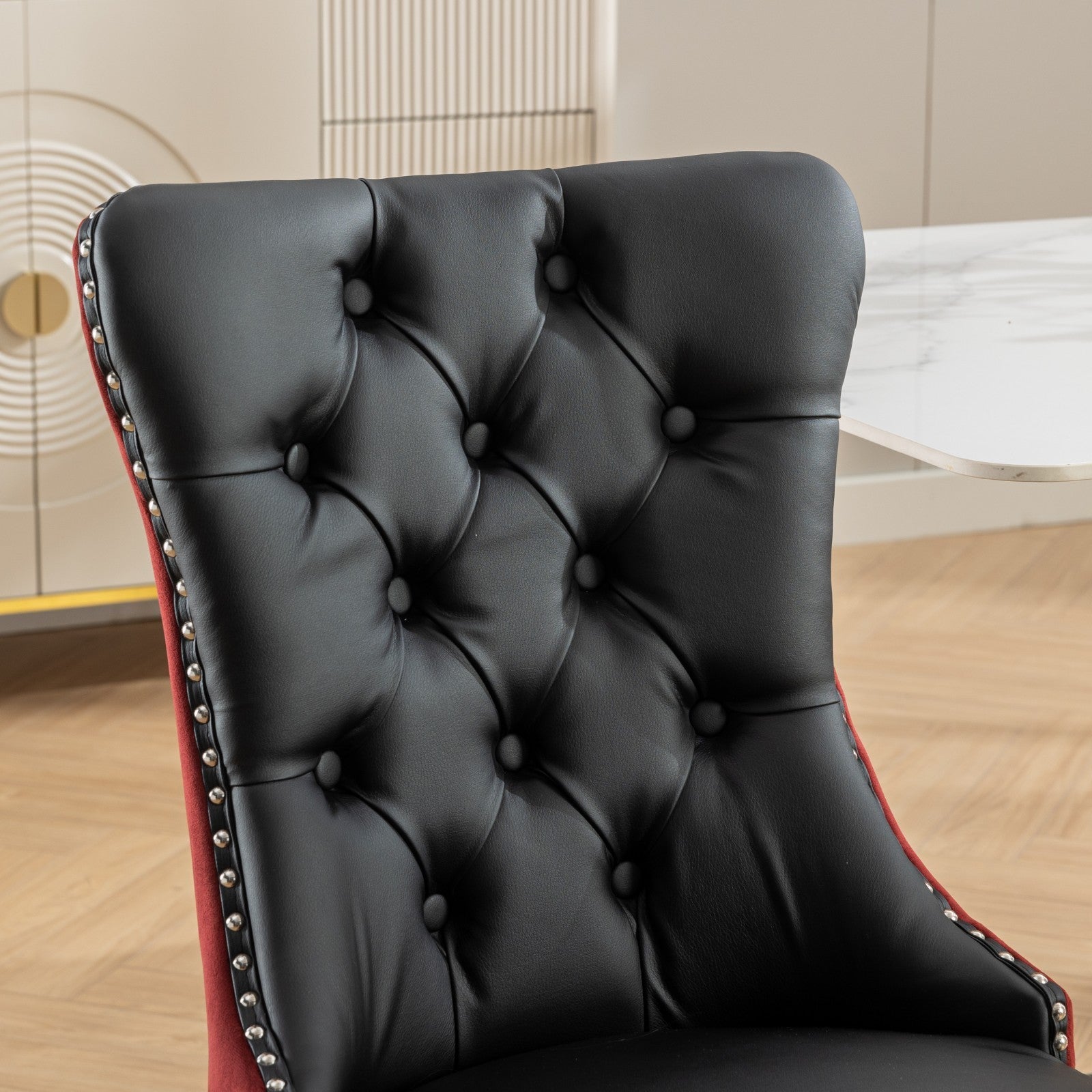 HAOYYE Nikki Collection Modern, High-end Tufted Solid Wood Contemporary PU and Velvet Upholstered Dining Chair with Wood Legs Nailhead Trim 2-Pcs Set, Black+WineRed, Burgundy,SW2101BW Sturdy