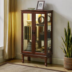 HAOYYE Lighted Curio Cabinet With Adjustable Shelves, Mirrored Back Panel, Tempered Glass Doors, Walnut Finish, 3 Tier Sturdy Space-Saving Heavy Duty Display Case For Living Room, Dining Room, Office