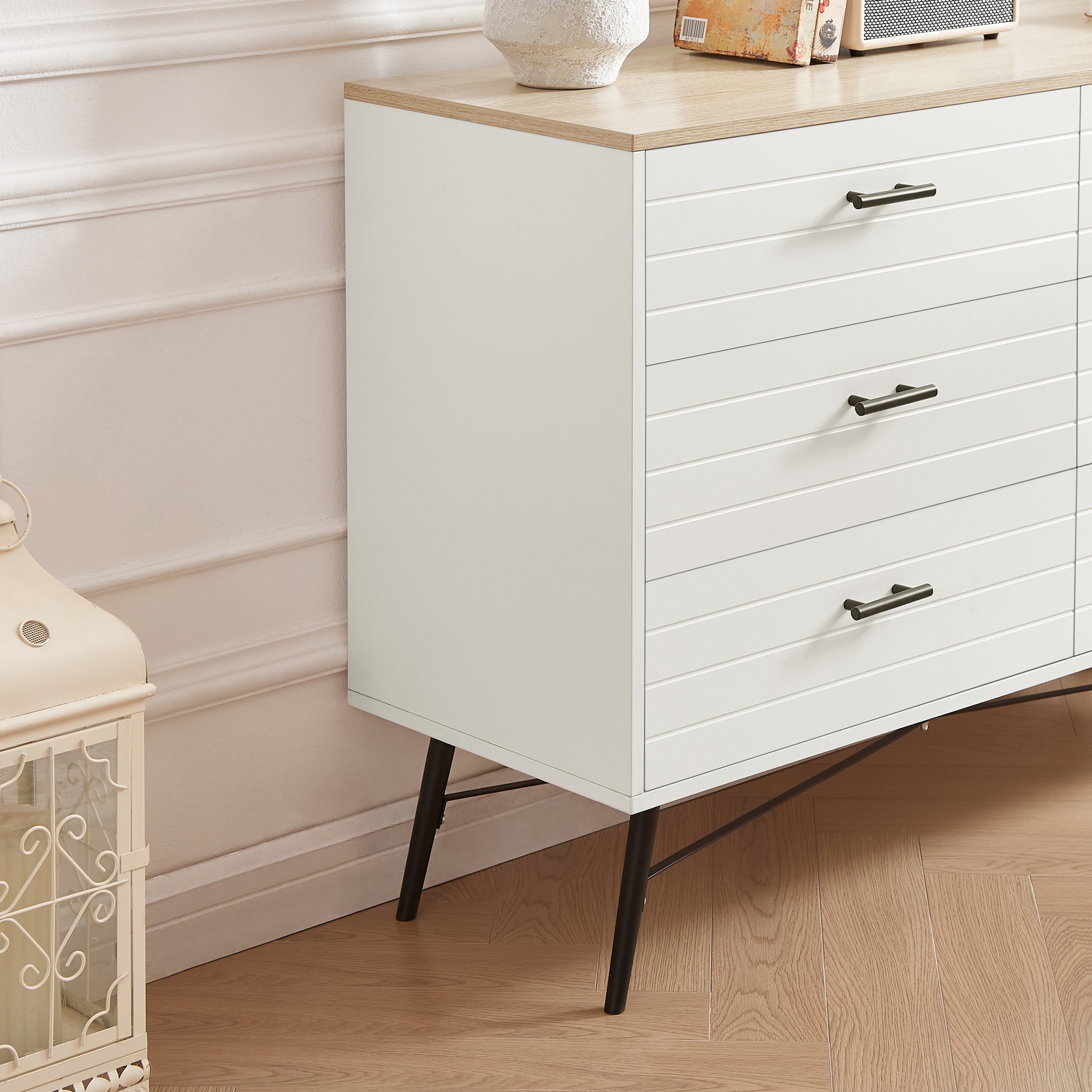 HAOYYE Modern 6-Drawer Dresser for Bedroom, Sturdy White & Oak Wood Chest of Drawers, Deep Storage for Living Room and Closet, Space-Saving Design