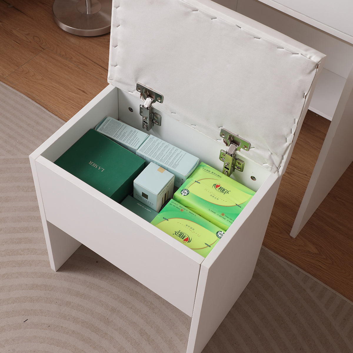 HAOYYE Vanity Desk With Lighted Mirror, Makeup Table With Drawers And Storage Cabinet, Glass Desktop, Adjustable Brightness, Storage Stool, Modern White Design For Bedroom, Sturdy Space-Saving Construction