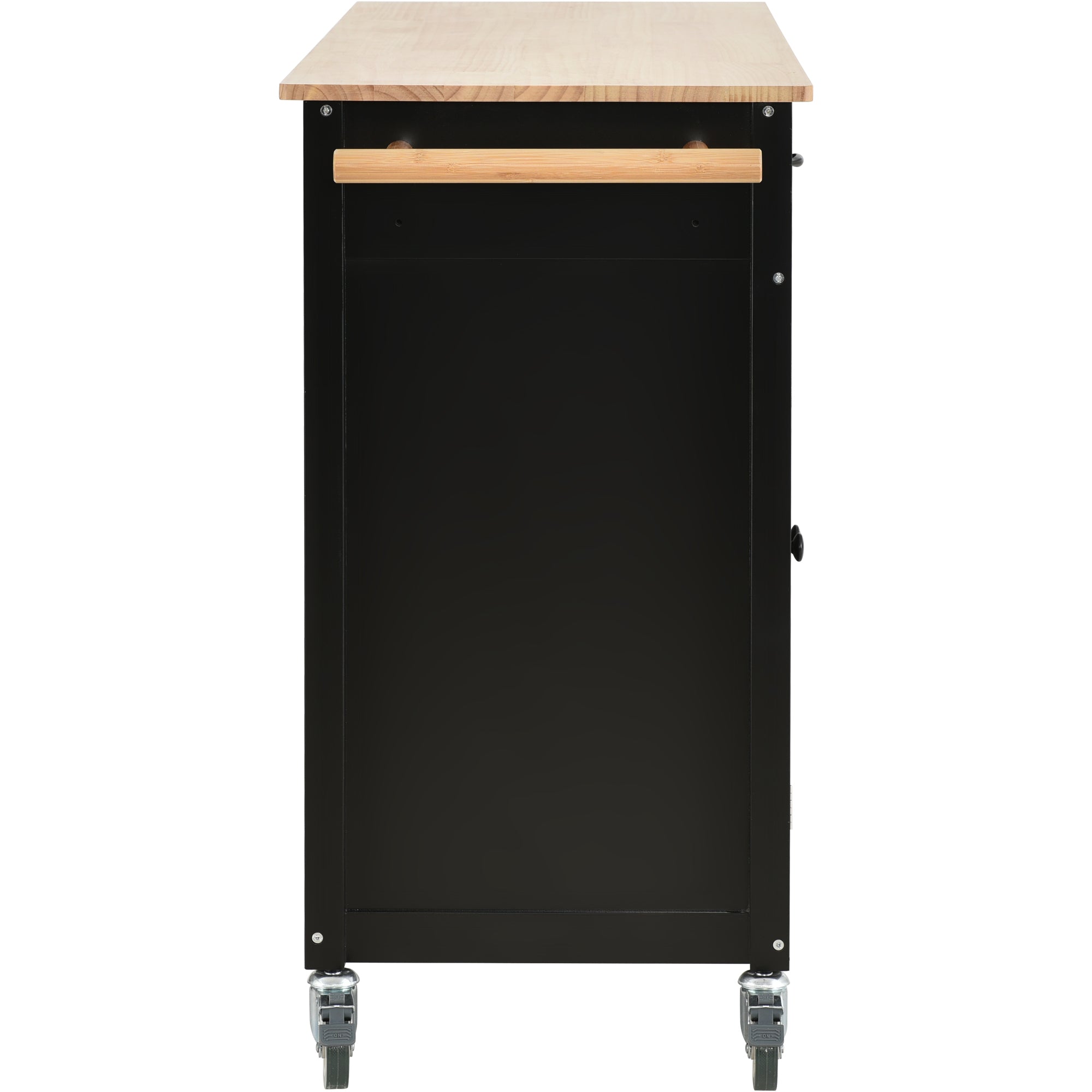 HAOYYE Kitchen Island Cart with Solid Wood Top, 4-Door Cabinet, Two Drawers, Spice Rack, and Towel Rack, Black Modern Kitchen Storage, Heavy Duty, Space-Saving Design, Mobile Island for Kitchen or Dining Room