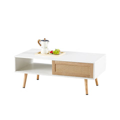 HAOYYE 41.34" Rattan Coffee Table with Sliding Door Storage, Solid Wood Legs, Modern Design for Living Room, White, Sturdy Space-Saving Heavy Duty Construction, Easy Assembly, Ideal for Adults and Dorm Rooms