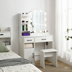 HAOYYE Vanity Desk Set with Lighted Mirror, 3-Color Adjustable Brightness, White Dressing Table with 2 Drawers, Storage Cabinet, and Upholstered Stool, Sturdy Space-Saving Design