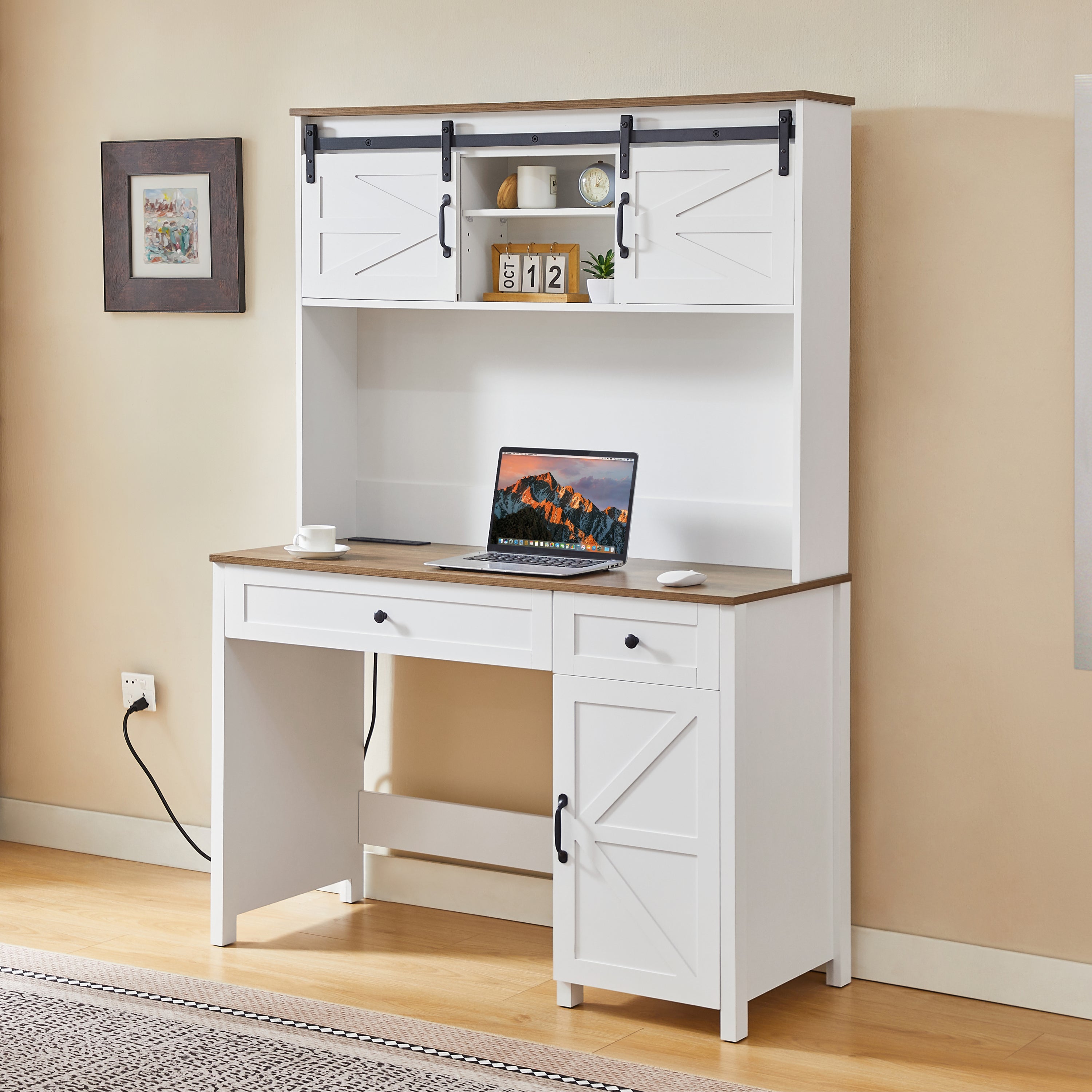 HAOYYE Farmhouse Executive Desk With Drawers, Rustic Home Office Desk With Charging Station, File Drawer, Storage Cabinet, Sturdy Space-Saving Heavy Duty Computer Writing Desk (Antique White)