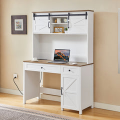 HAOYYE Farmhouse Executive Desk With Drawers, Rustic Home Office Desk With Charging Station, File Drawer, Storage Cabinet, Sturdy Space-Saving Heavy Duty Computer Writing Desk (Antique White)