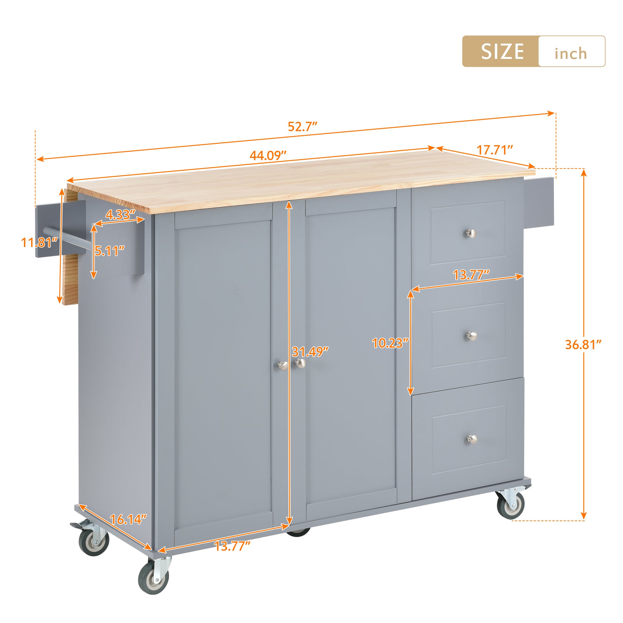 HAOYYE Rolling Mobile Kitchen Island With Solid Wood Top, Storage Cabinet, Drop Leaf Breakfast Bar, Spice Rack, Towel Rack, And Drawer, Grey Blue, Sturdy Space-Saving Design With Locking Wheels