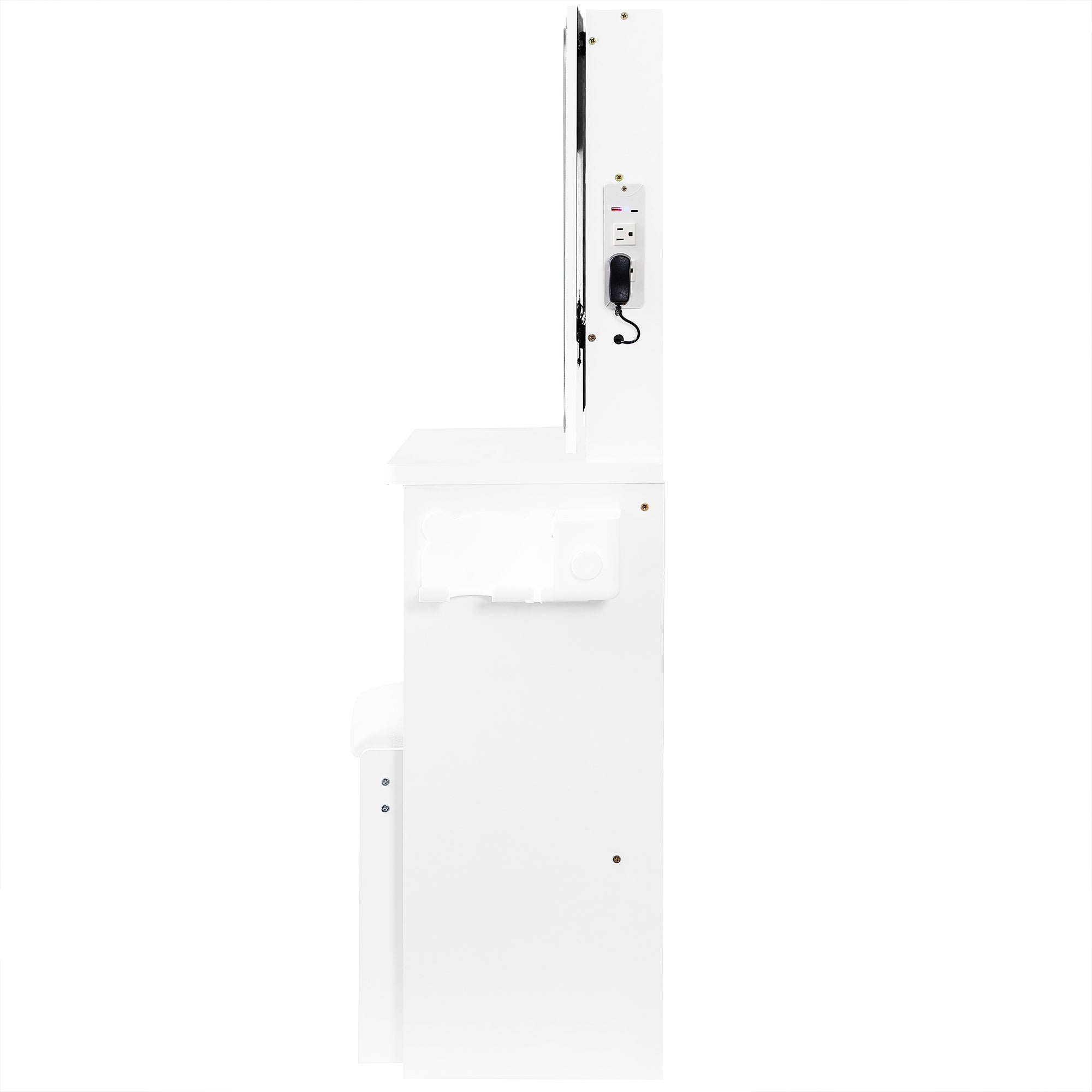 HAOYYE Small Size Left Bedside Cabinet Vanity Table + Cushioned Stool, 2 AC+2 USB Power Station, Hair dryer bracket, Extra Large Touch Control Sliding LED Mirror, Tri-color Switching, EPA,GCC,UL Certificate