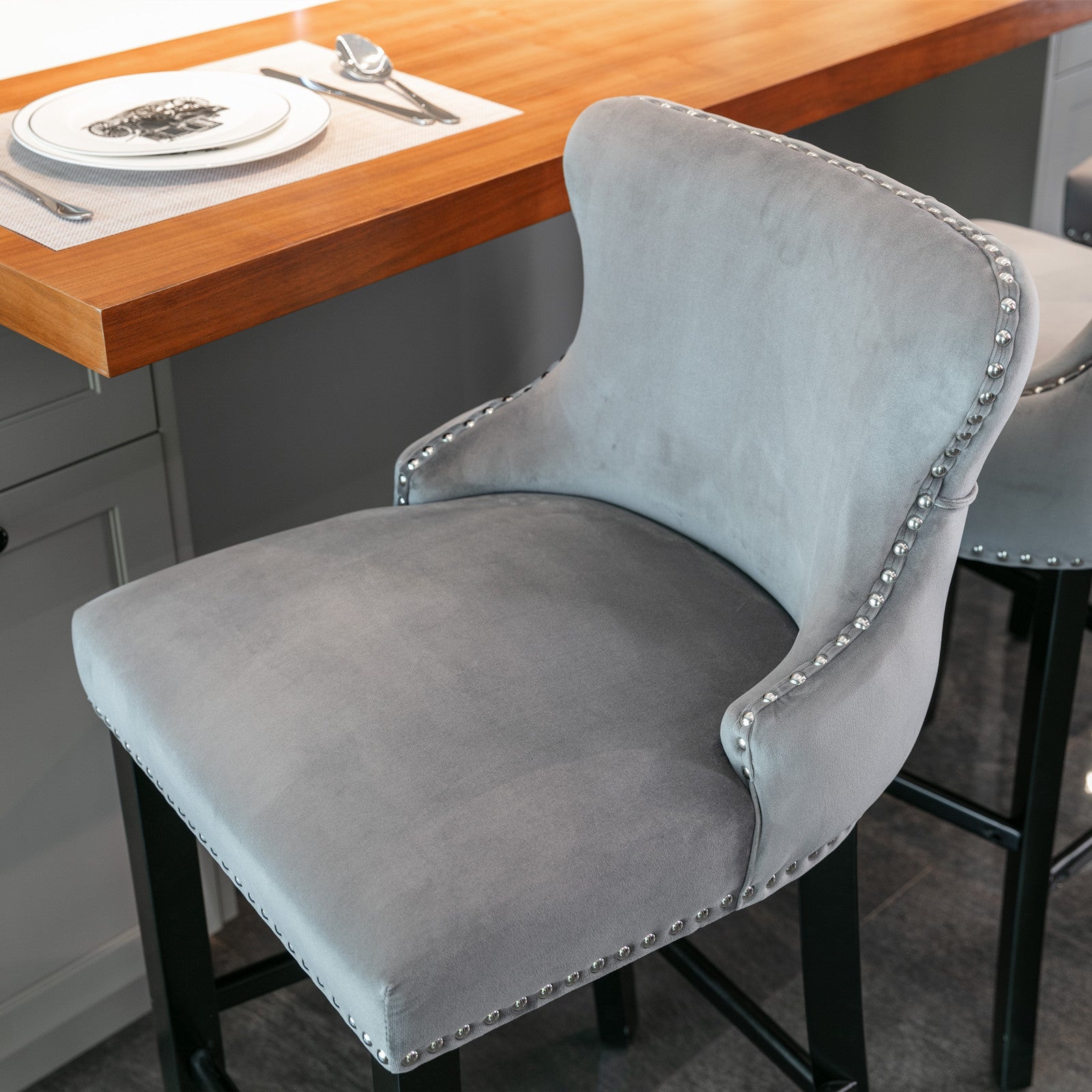 HAOYYE Contemporary Velvet Upholstered Wing-Back Barstools with Button Tufted Decoration and Wooden Legs, and Chrome Nailhead Trim, Leisure Style Bar Chairs,Bar stools, Set of 2 (Gray),SW1824GY
