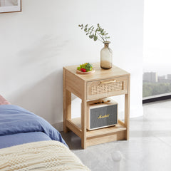 HAOYYE Natural Rattan End Table with Drawer, Modern Nightstand, Side Table for Living Room and Bedroom, Sturdy Space-Saving Design, Heavy Duty Construction, Easy Assembly
