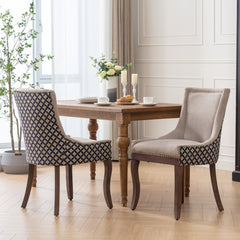 HAOYYE Ultra Side Dining Chair, Thickened fabric chairs with neutrally toned solid wood legs, Bronze nail head, Set of 2, Beige and Patterned,SW2207BG Sturdy Space-Saving Heavy Duty