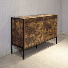 HAOYYE Industrial Style 6-Drawer Double Dresser, Rustic Brown Wooden Storage Organizer With Sturdy Steel Frame, Space-Saving Storage Cabinet For Bedroom And Living Room