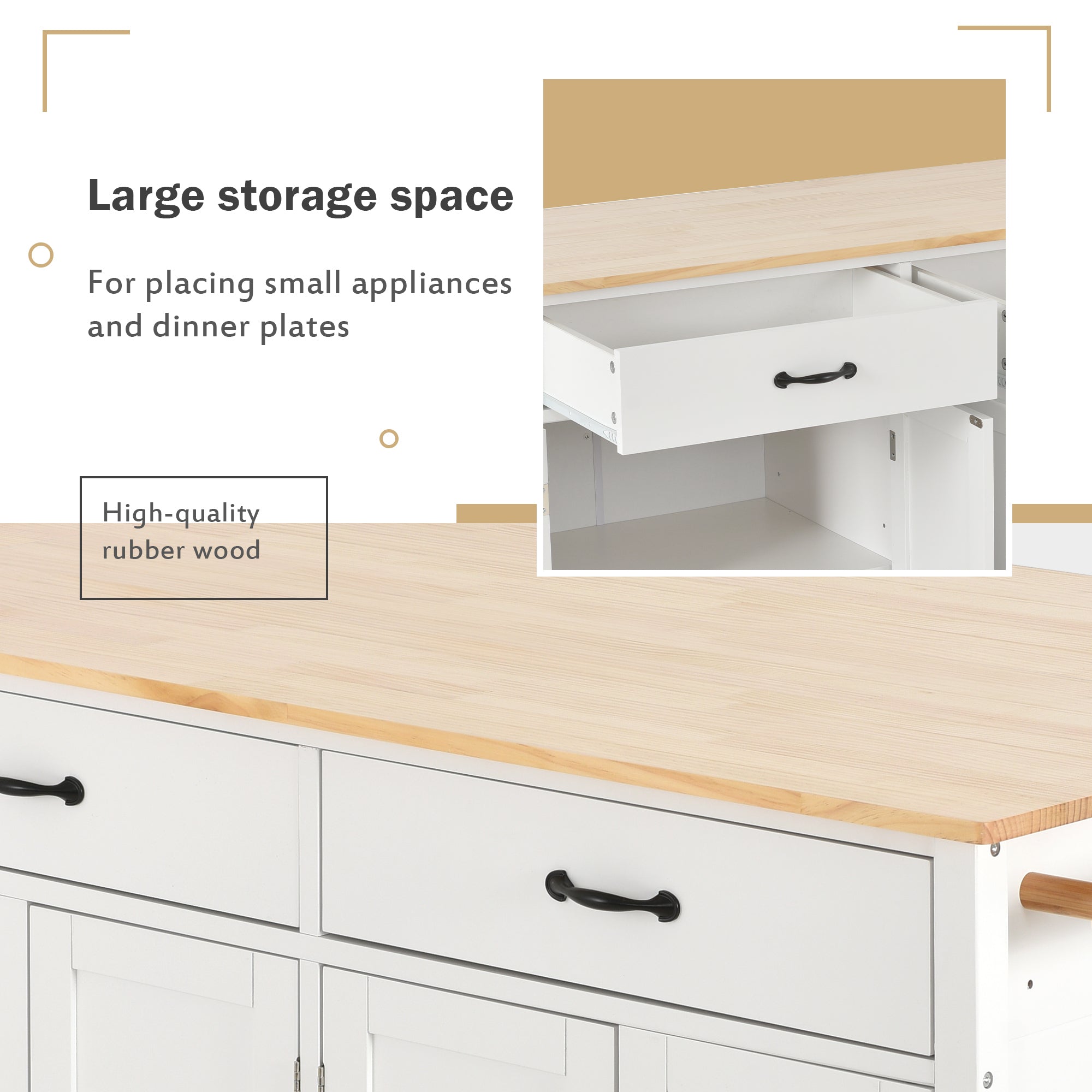 HAOYYE Kitchen Island Cart with Solid Wood Top, Locking Wheels, Four Door Cabinet, Two Drawers, Spice Rack, and Towel Rack, White, Sturdy Space-Saving Design, Heavy Duty Construction, Easy Assembly, Durable and Stylish Home Furniture