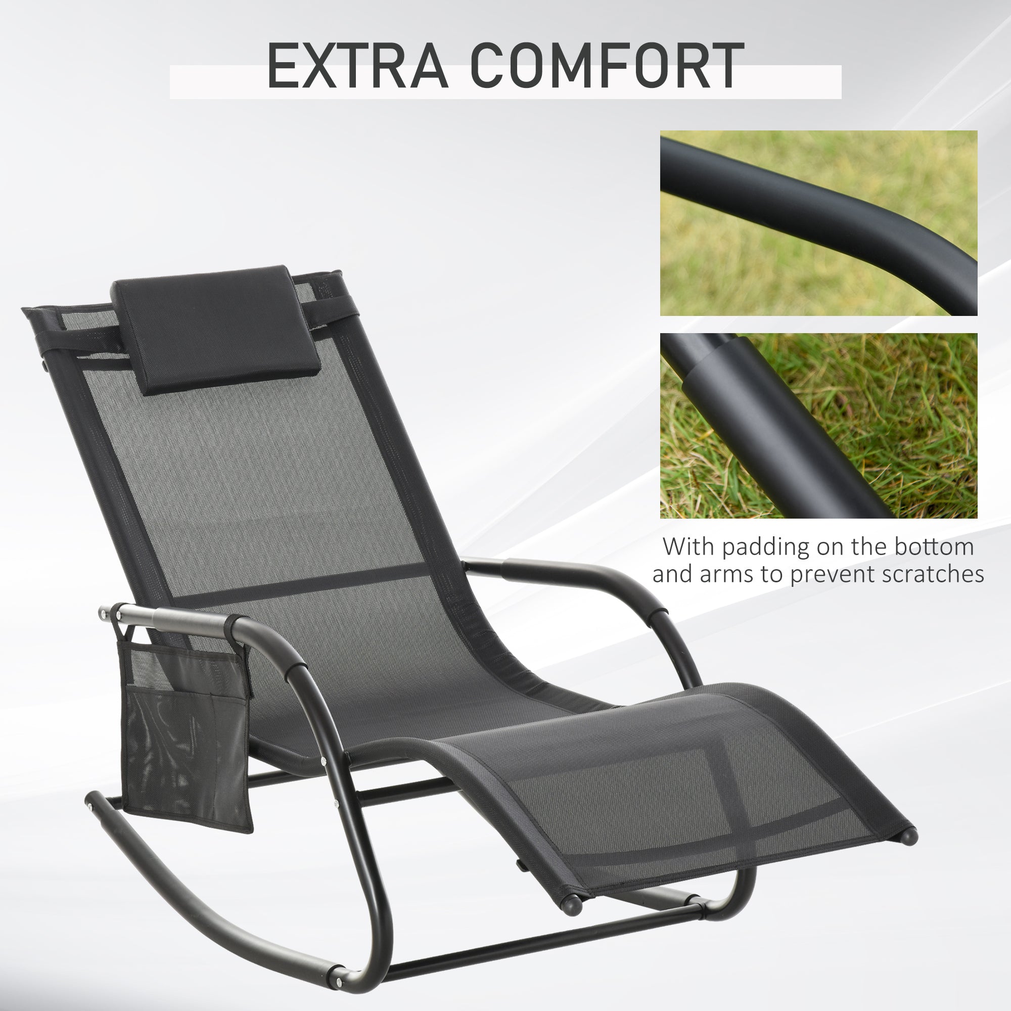 HAOYYE Black Outdoor Rocking Chair with Breathable Mesh Fabric, Soft Padded Headrest and Armrests, Removable Side Pocket, Rubberized Feet, Sturdy Steel Frame Supporting Up to 264 lbs, Perfect for Patio, Poolside, Backyard Relaxation, Easy Assembly