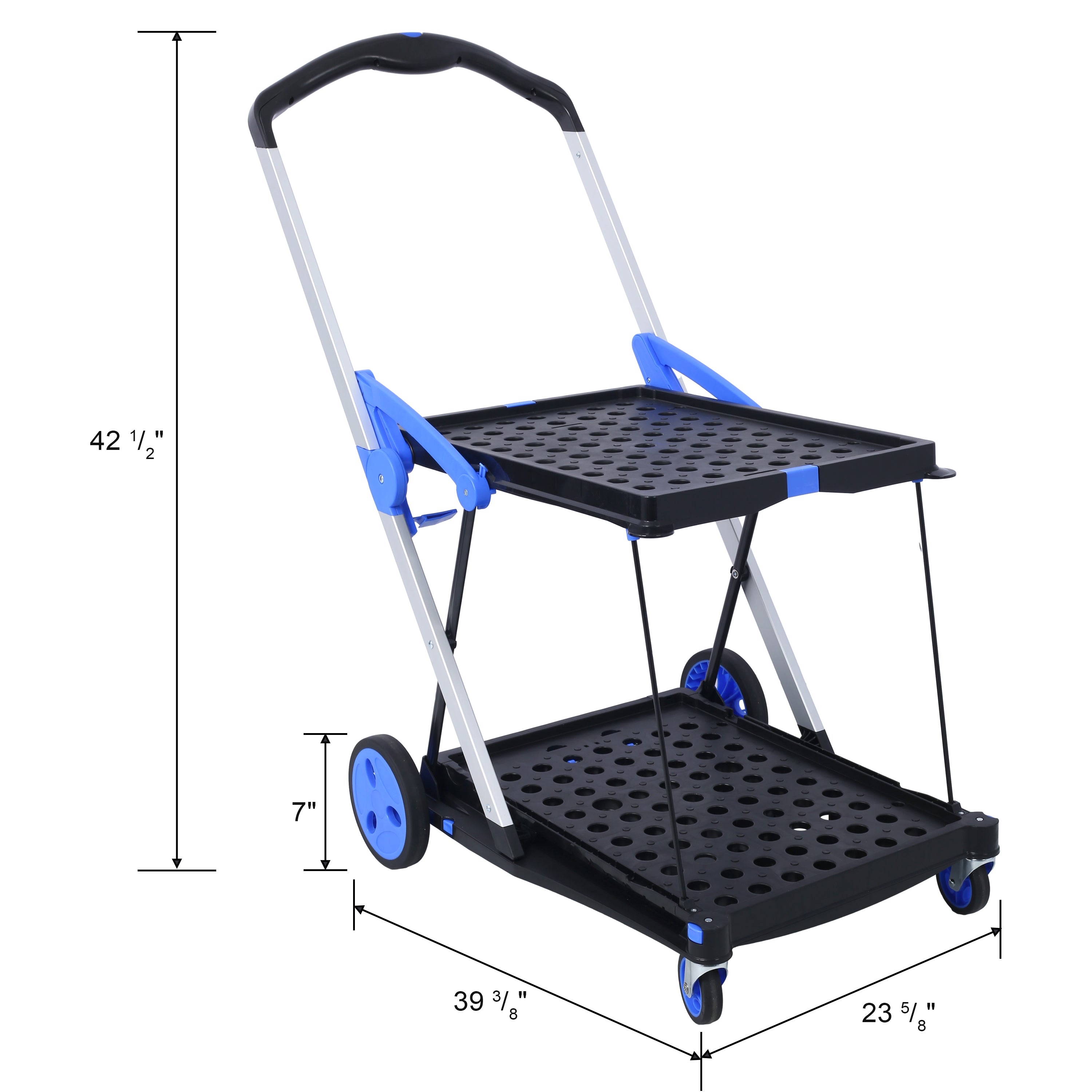 HAOYYE Collapsible Utility Cart Multi Use Foldable 2-Tier Shopping Cart with Rolling Wheels and Storage Baskets Lightweight Portable Design for Grocery Office Travel Home Blue