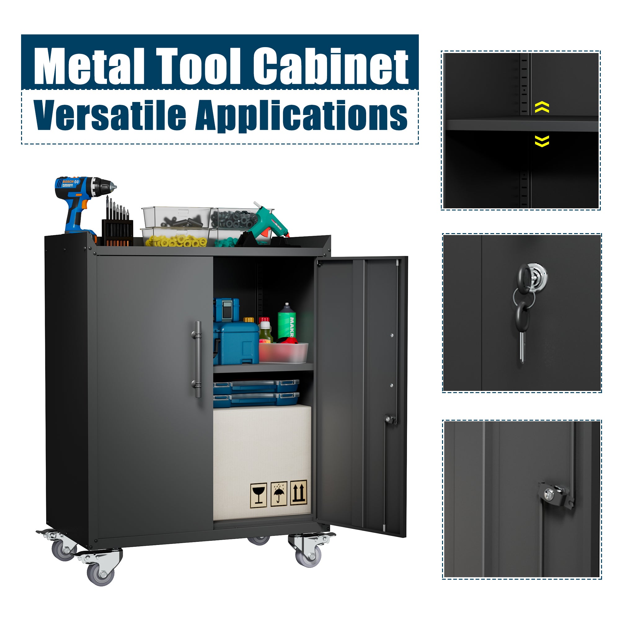 HAOYYE 2 Door Tool Cabinets for Garage, Lockable Garage Storage Cabinet, Locking Metal Storage Cabinet with Wheels, Rolling Tool Chest, Assembly Required H34*W30.3*D18 Sturdy Space-Saving Heavy Duty