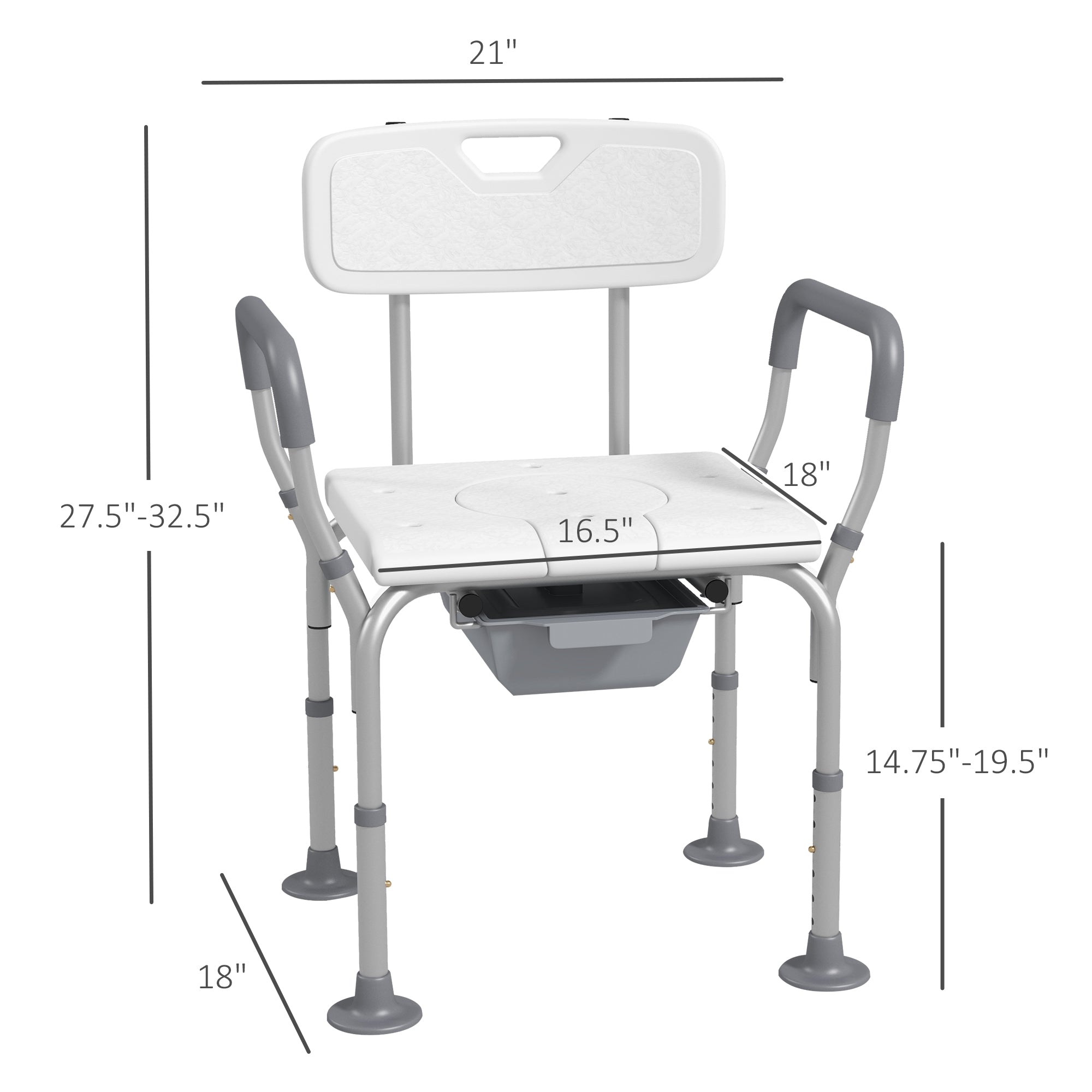 HAOYYE White Shower Chair with Removable Bucket and Drainage Holes, Adjustable Height Bath Seat with Padded Armrest Backrest Suction Feet, Tool-Free Assembly for Bathroom Safety and Support