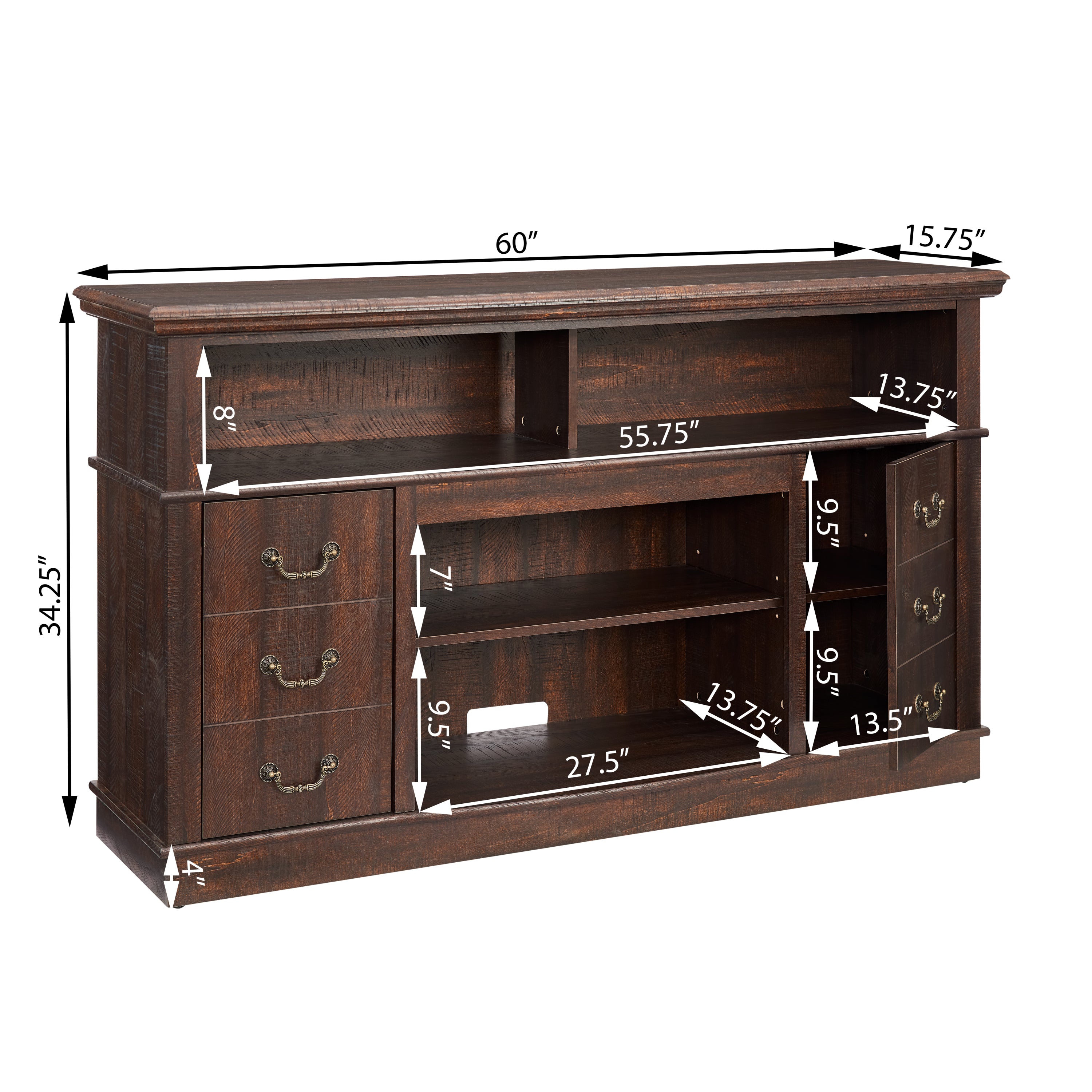 HAOYYE Traditional TV Media Stand Farmhouse Rustic Entertainment Console for TV Up to 65" with Open and Closed Storage Space, Espresso, 60"W*15.75"D*34.25"H Sturdy Space-Saving Heavy Duty Modern Design