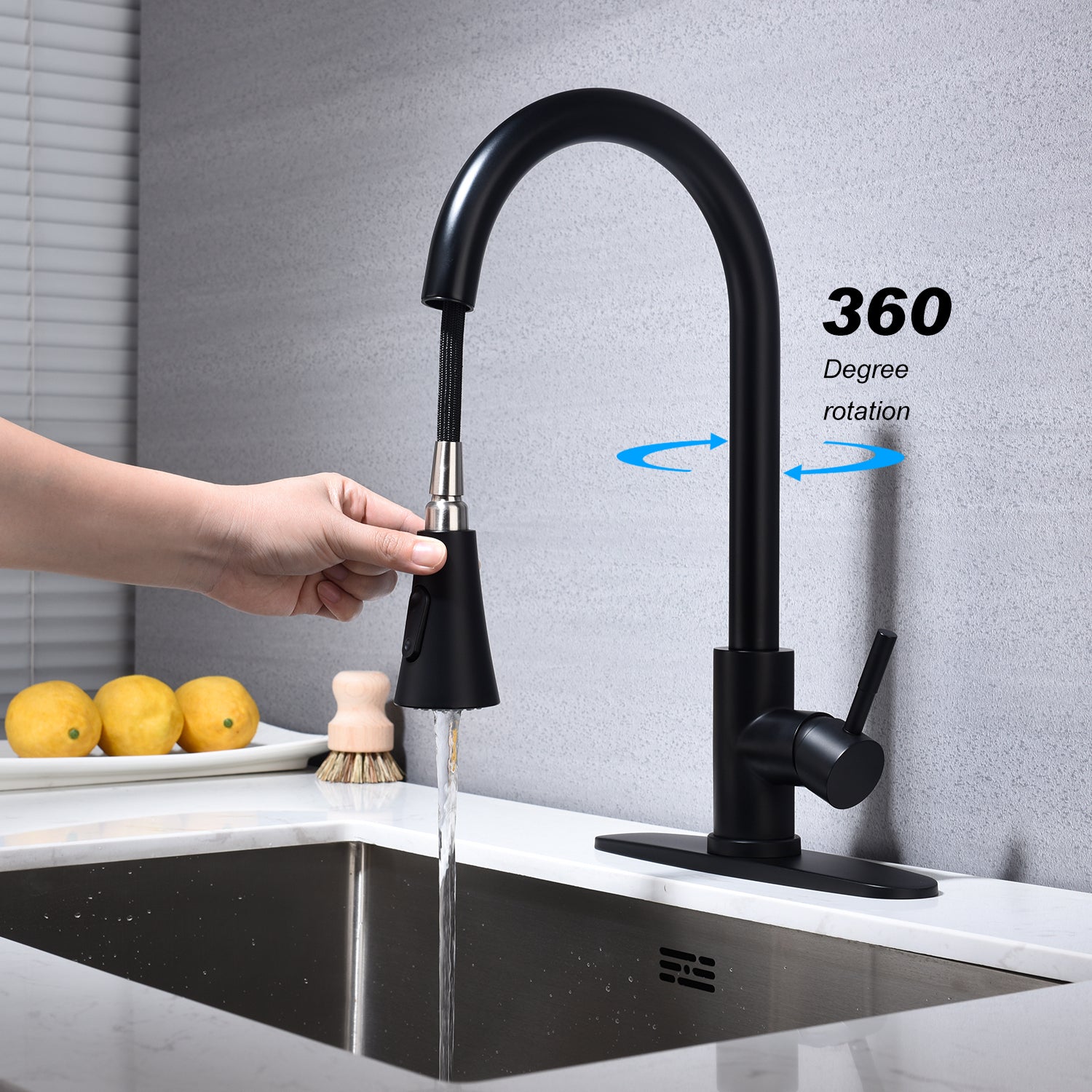Haoyye Kitchen Faucet with Pull-Out Sprayer, Single Handle Stainless Steel Faucet with 360° Swivel High Arc Spout, Easy Installation and Maintenance, Anti-Corrosion and Space-Saving Design for Modern Kitchens, Utility Sinks, or Laundry Rooms