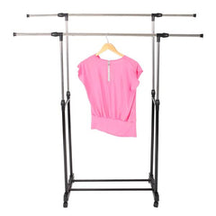 HAOYYE Dual-Bar Vertical & Horizontal Stretching Stand Clothes Rack with Shoe Shelf YJ-04, Black & Silver, Durable Space-Saving Organizer for Closet, Bedroom, Living Room, Modern Design, Versatile Use, Premium Quality, Stylish Storage Solution