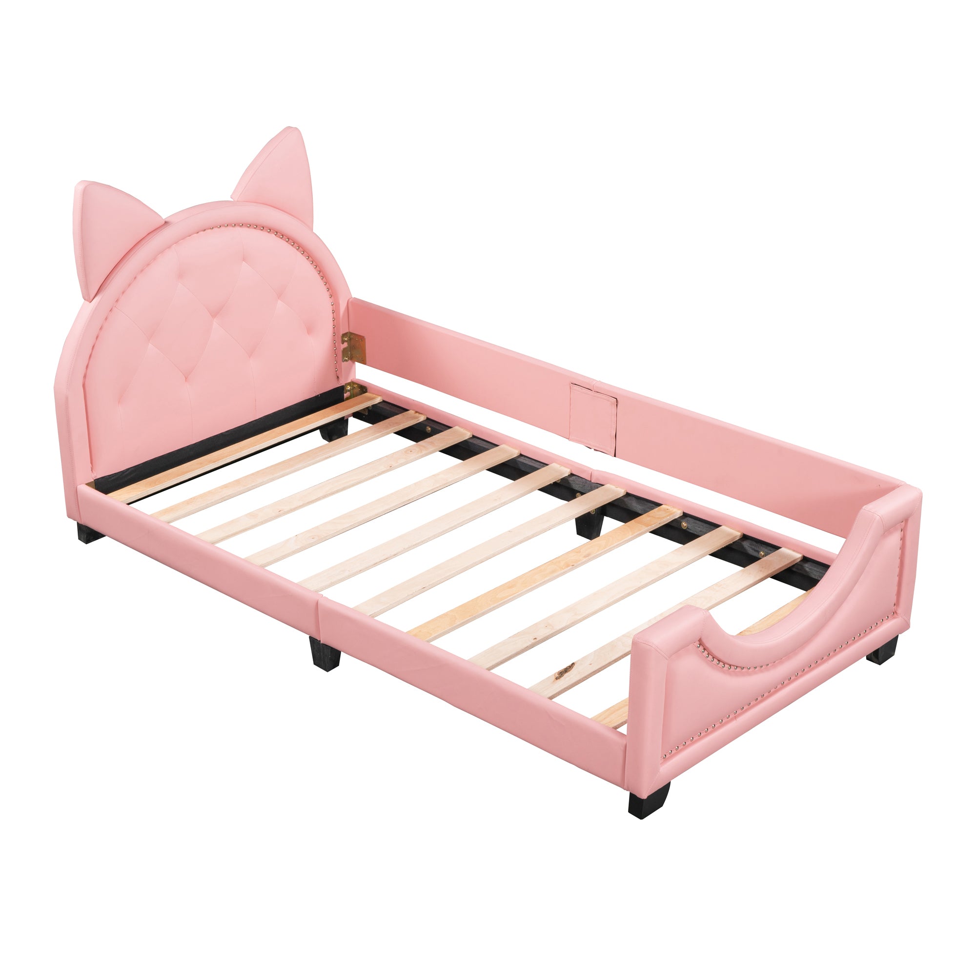 HAOYYE Twin Size Upholstered Daybed with Carton Ears Shaped Headboard, Pink Sturdy Space-Saving Heavy Duty Modern Design Adults Dorm Room Easy Assembly Bedroom Furniture