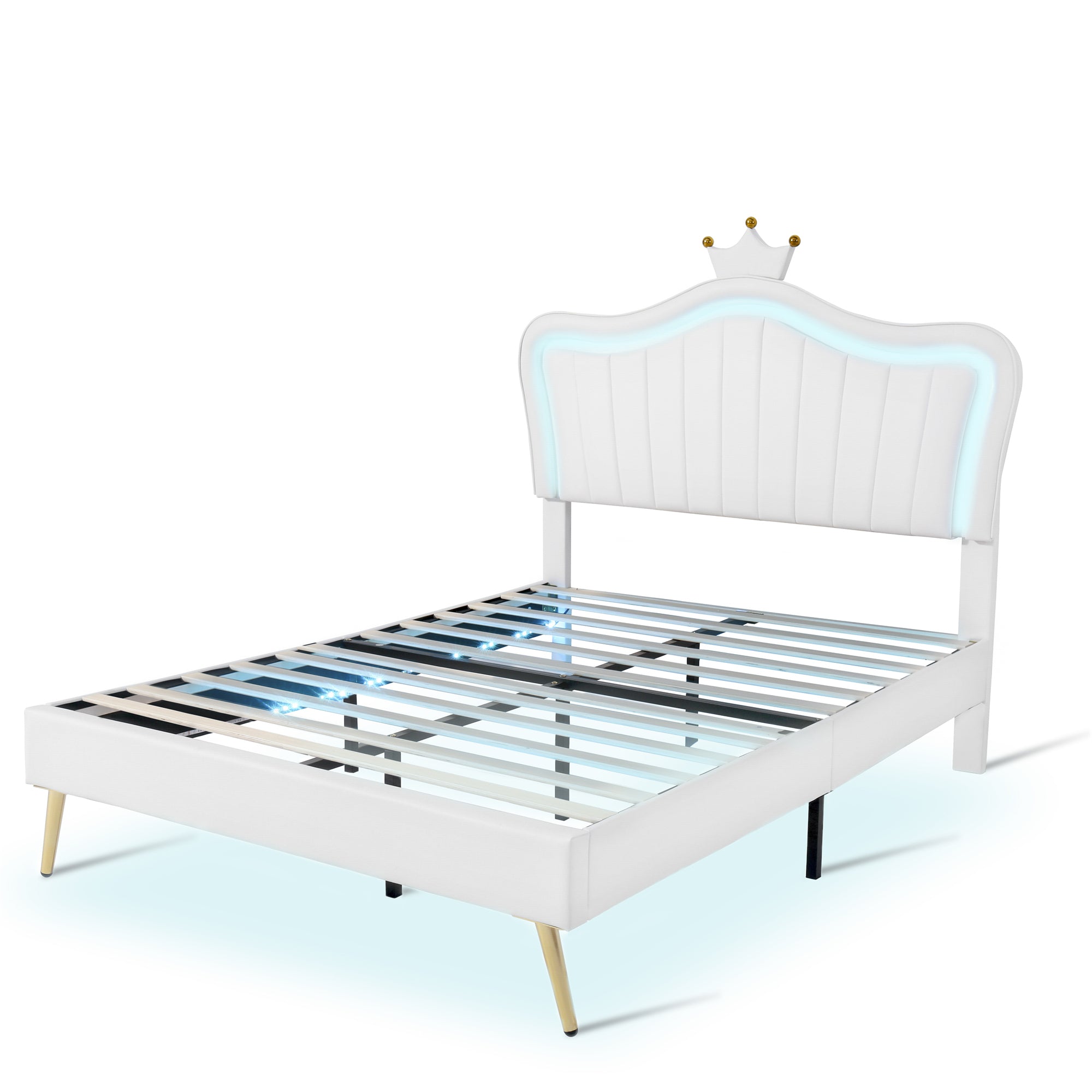 HAOYYE Full Size Upholstered Bed Frame with LED Lights,Modern Upholstered Princess Bed With Crown Headboard,White Sturdy Space-Saving Heavy Duty Modern Design Adults Dorm Room Easy Assembly