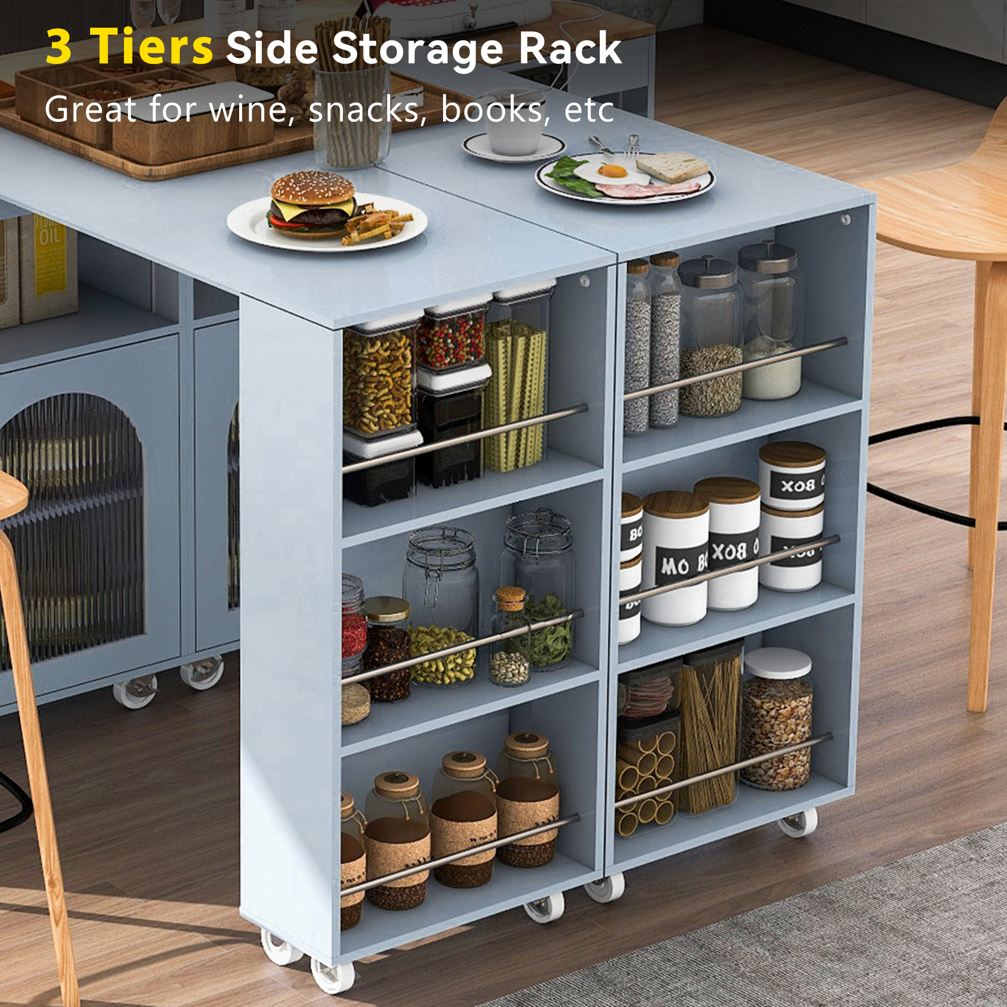 HAOYYE K&K Rolling Kitchen Island With Extended Table, Kitchen Island on Wheels with LED Lights,Power Outlets and 2 Fluted Glass Doors, Kitchen Island with a Storage Compartment and Side 3 Open Shelves, Grey
