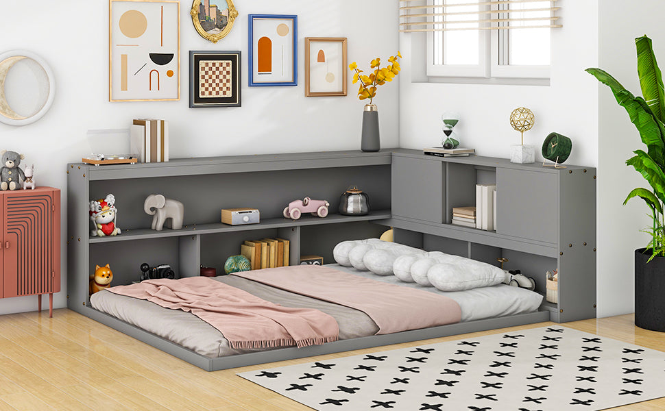 HAOYYE Full Floor Bed with L-shaped Bookcases, sliding doors,without slats,Grey Sturdy Space-Saving Heavy Duty Modern Design Easy Assembly Durable Stylish Home Furniture Versatile